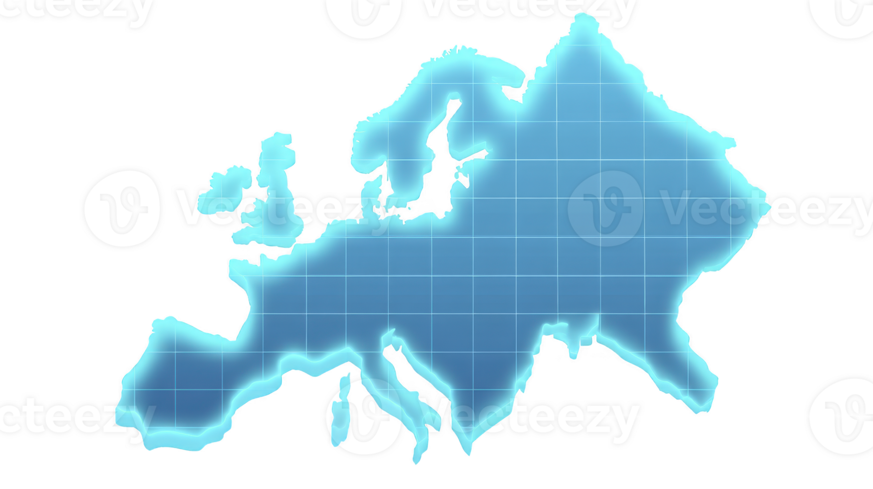 Glowing blue map of Europe with grid overlay creates futuristic and digital appearance. map highlights continent shape and boundaries, emphasizing modern and technological theme png