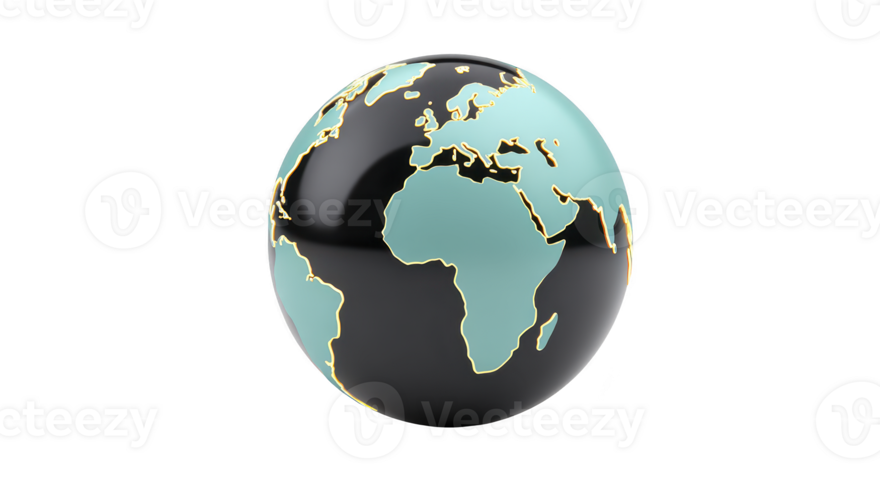 3D globe illustration featuring continents in light blue and oceans in black, highlighting Africa, Europe, and Asia. globe is set against transparency background, emphasizing its modern design png