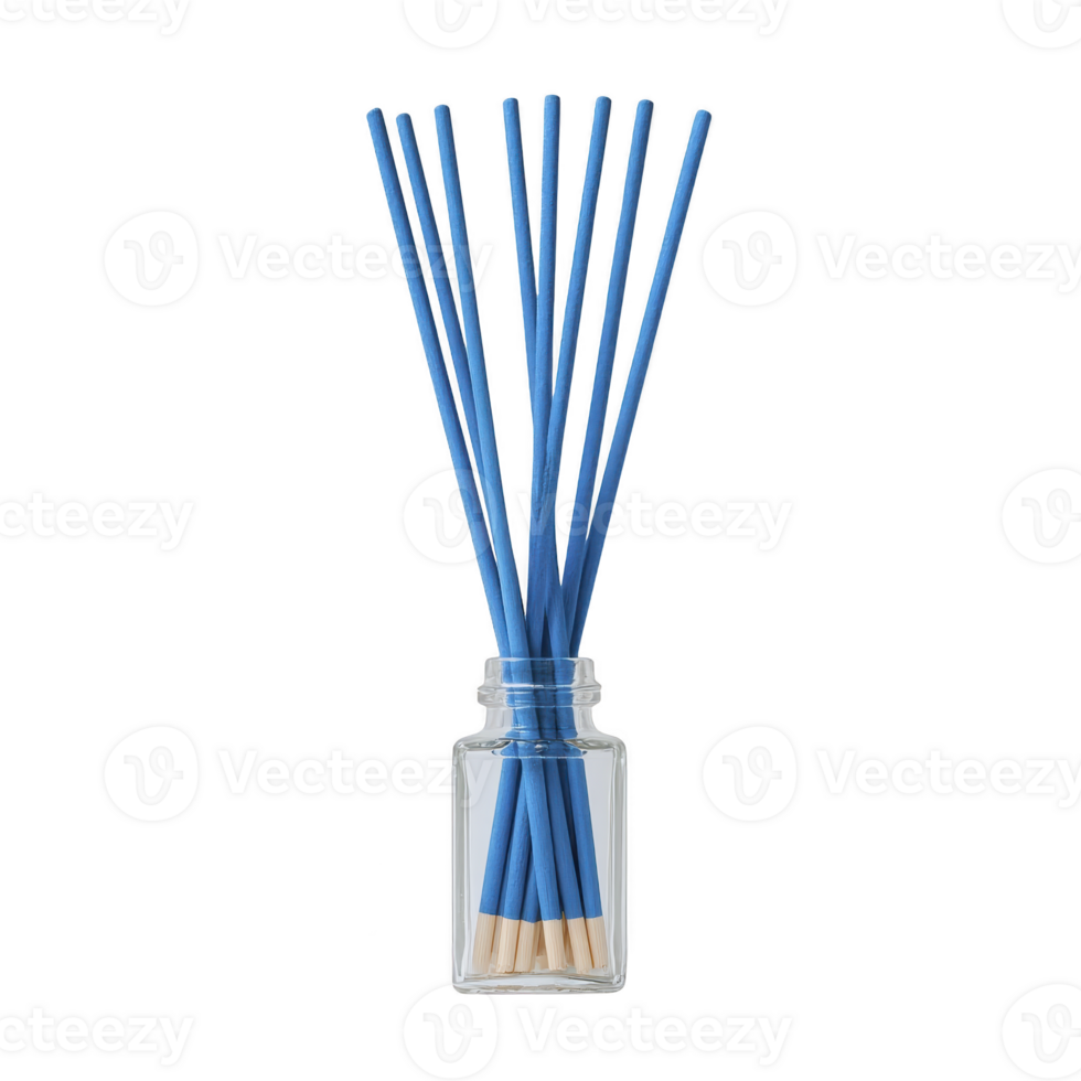 Set of blue incense sticks in clear glass jar, arranged neatly and standing upright. minimalist design and vibrant color create calming and elegant atmosphere png