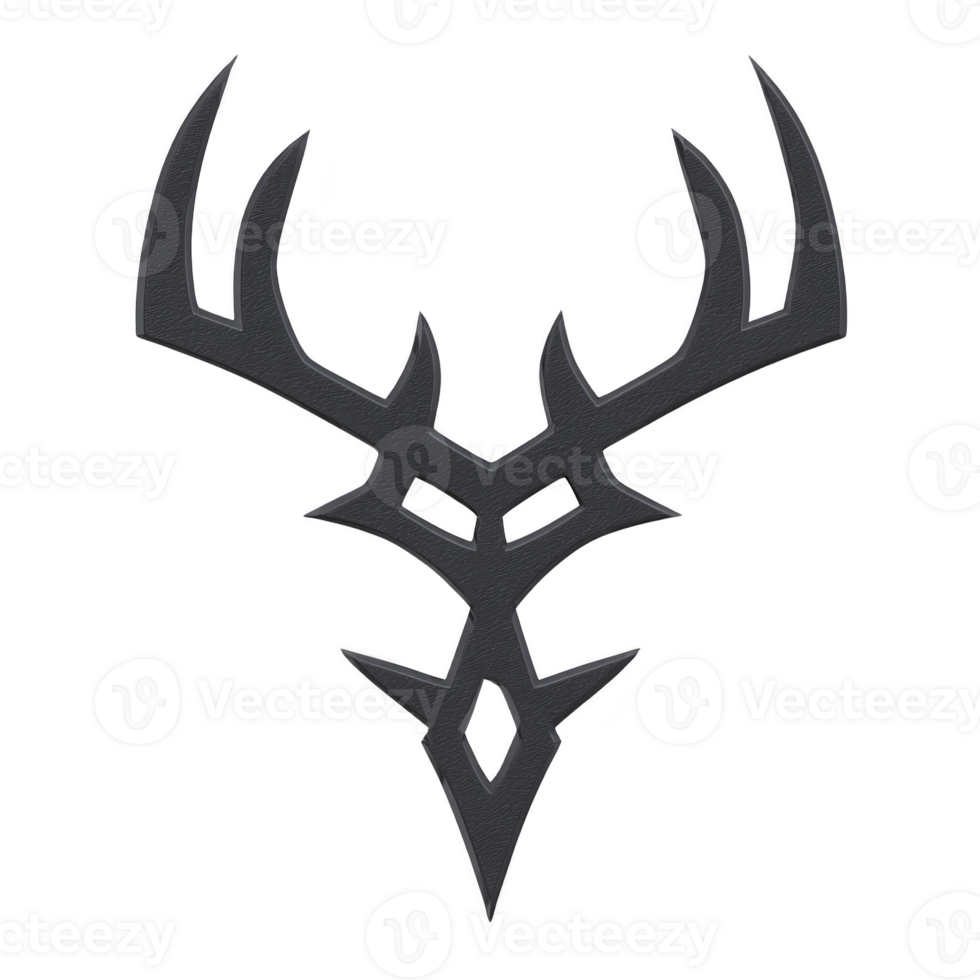 Stylized black tribal deer head design with sharp, angular antlers and geometric shapes, creating bold and striking appearance. design is symmetrical and artistic png