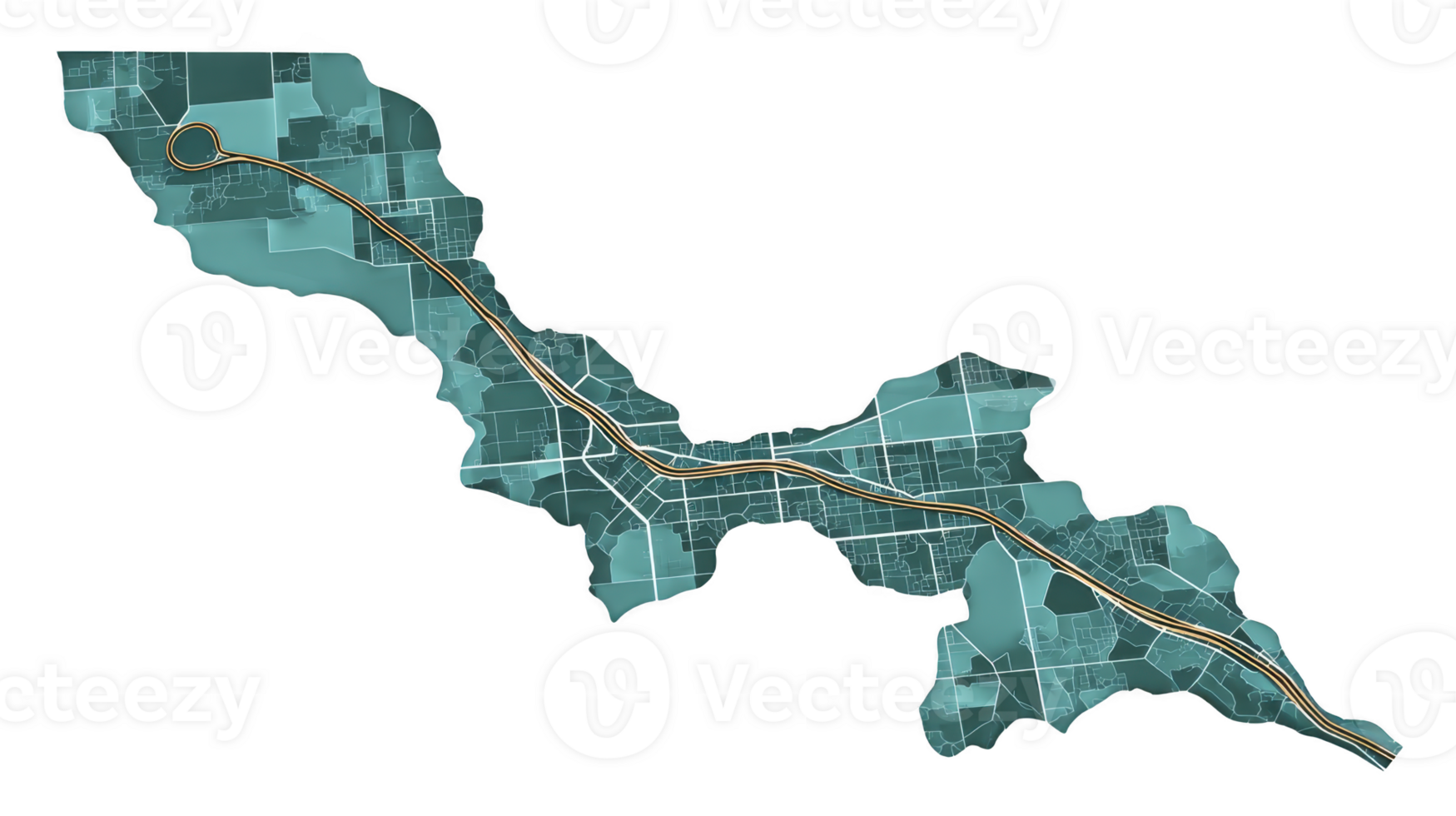 Stylized map illustration features winding road cutting through patchwork of geometric land plots, evoking sense of exploration and connectivity png