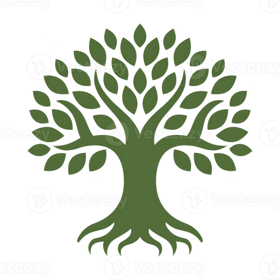 Stylized green tree with spreading branches and roots symbolizes growth and nature. design is simple and elegant, with focus on tree organic shape png