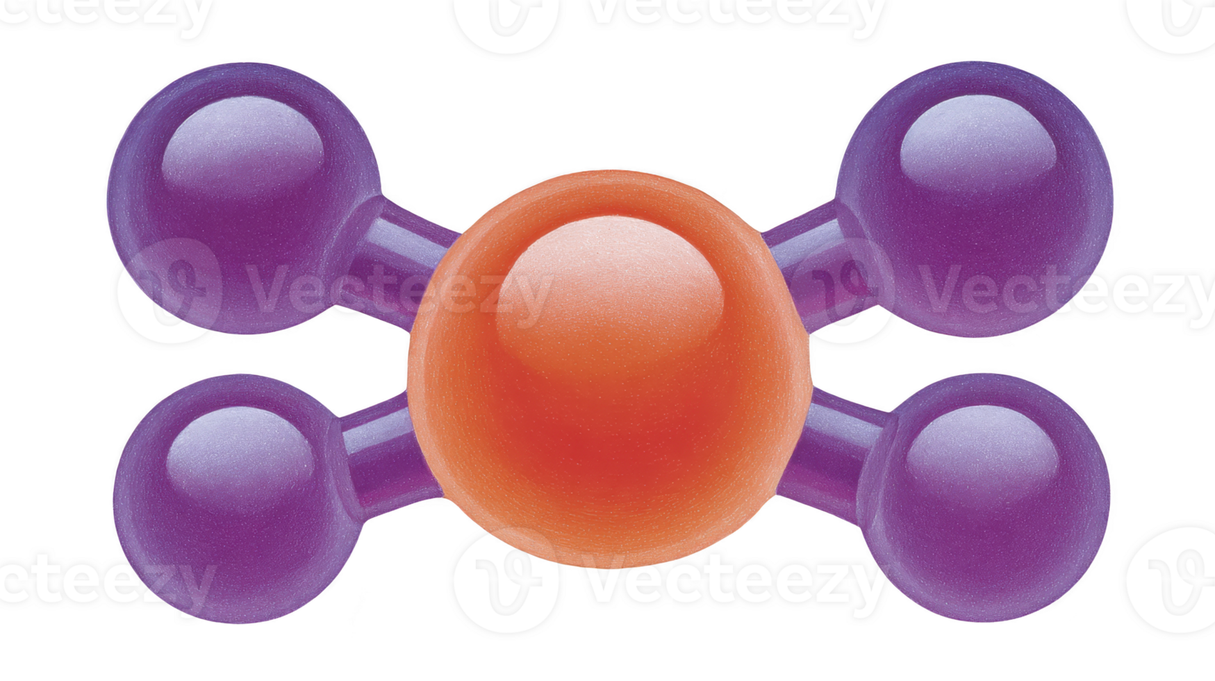Colorful molecular model with central orange sphere connected to four purple spheres, representing chemical structure. vibrant colors and simple design make it visually engaging png