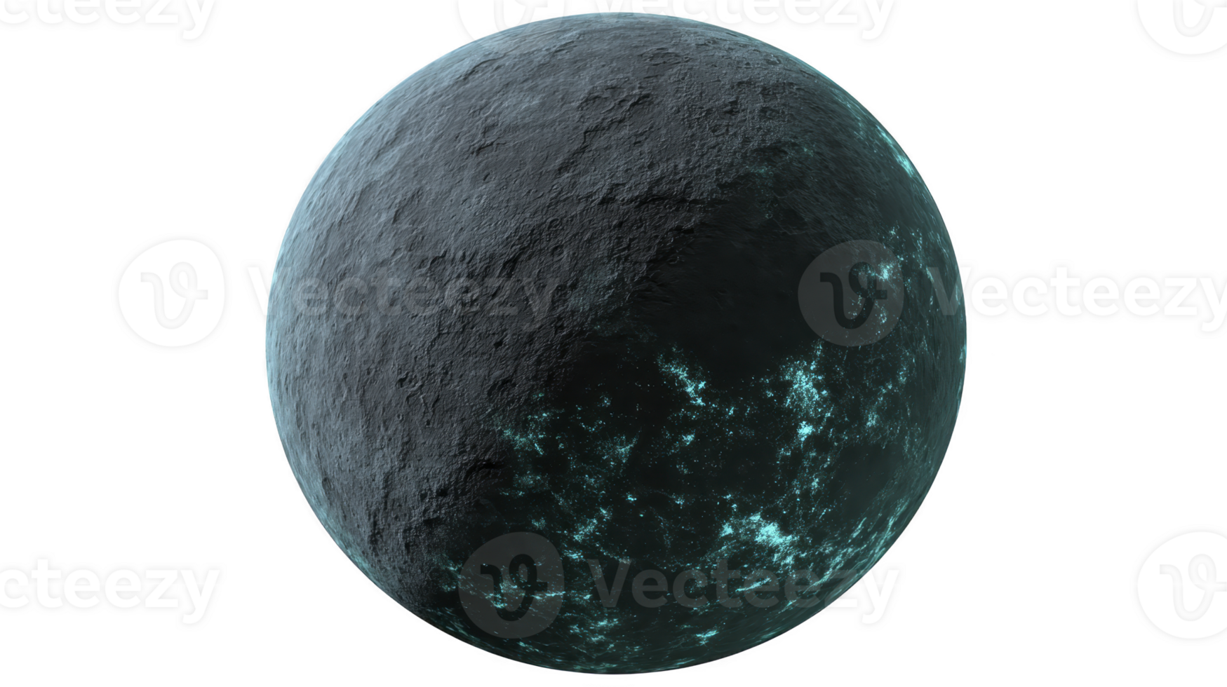 Textured, dark planet with glowing turquoise areas creates mysterious and otherworldly atmosphere. surface appears rocky and uneven, suggesting distant celestial body png
