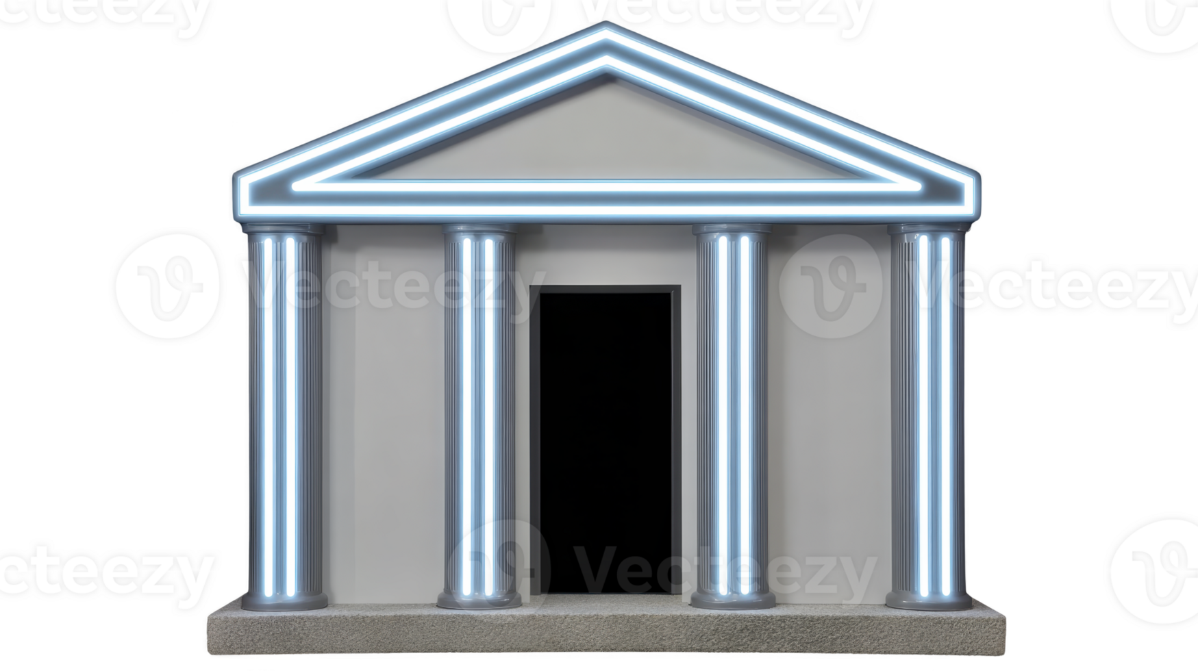 Digital illustration of classical Greek temple with glowing neon outlines, featuring four columns and triangular pediment. modern neon effect adds contemporary twist to ancient architectural style png