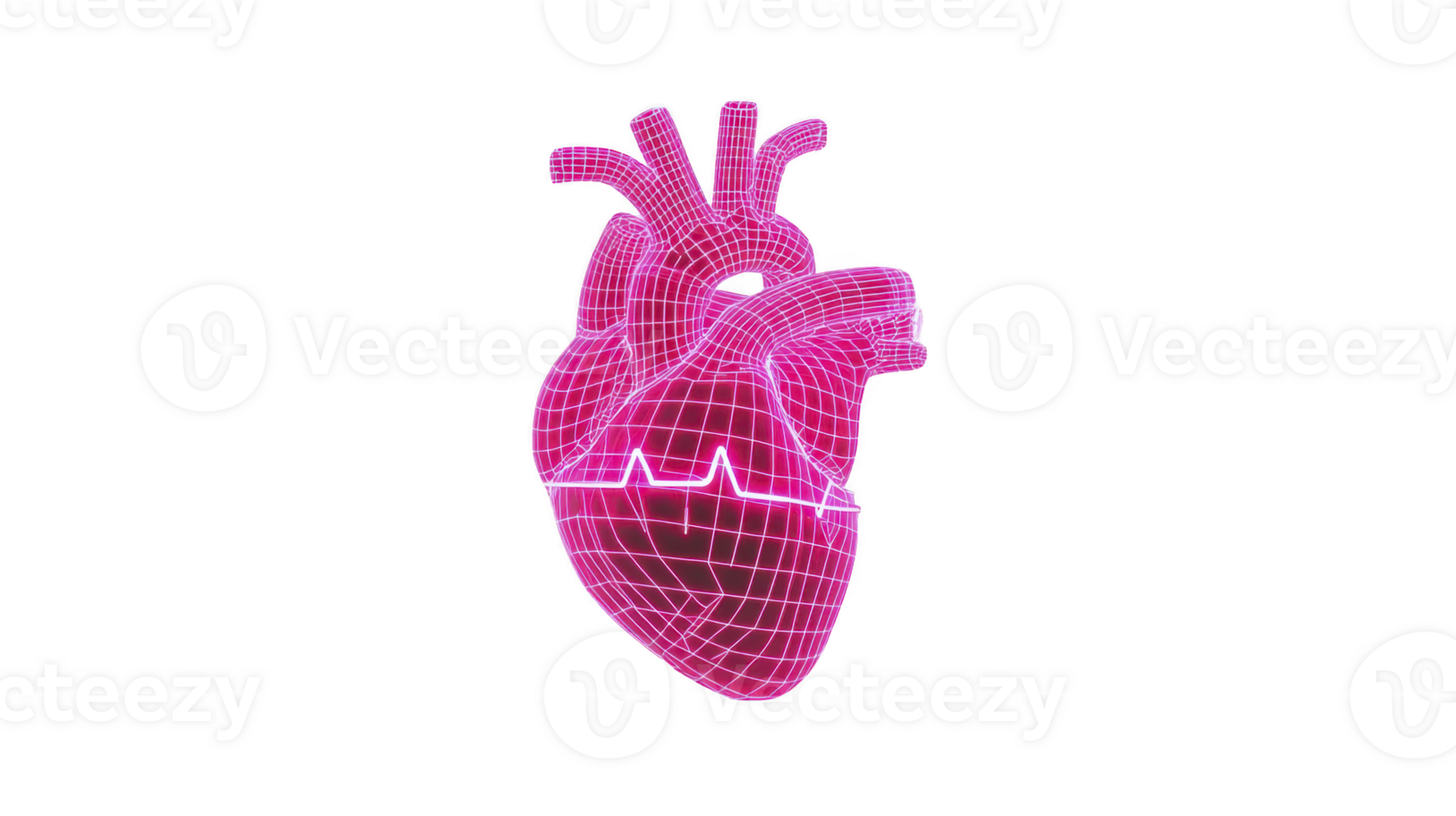 Digital representation of human heart in vibrant pink wireframe style, featuring ECG line across it, symbolizes modern healthcare technology and innovation png