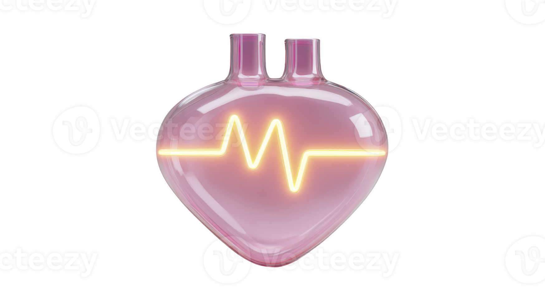 Pink heart shaped glass container with glowing yellow heartbeat line symbolizes love and vitality. smooth, reflective surface adds modern touch png