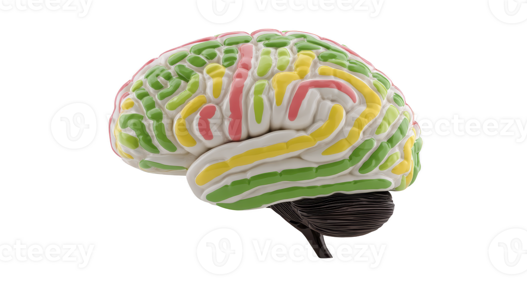 Colorful 3D model of human brain with distinct regions highlighted in green, yellow, and red, illustrating different brain functions. model is isolated on transparency background png