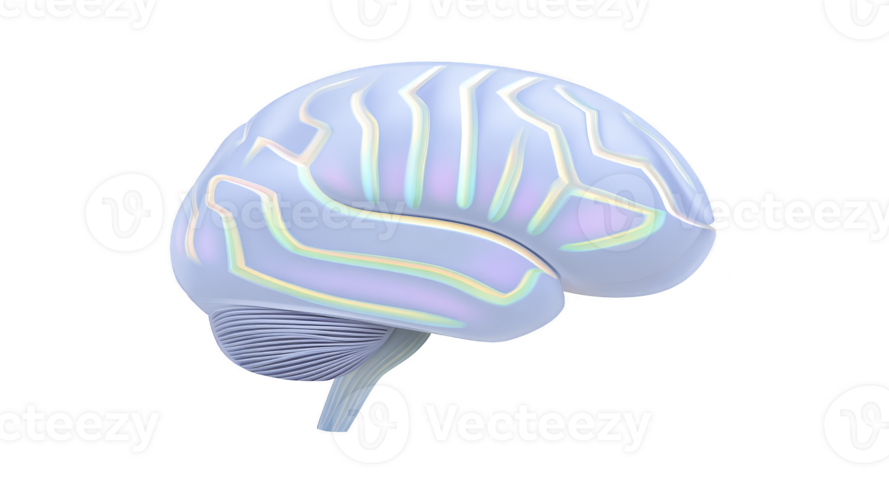 Digital illustration of stylized brain with glowing neon lines, representing technology and innovation. futuristic design suggests concepts of artificial intelligence and neural networks png