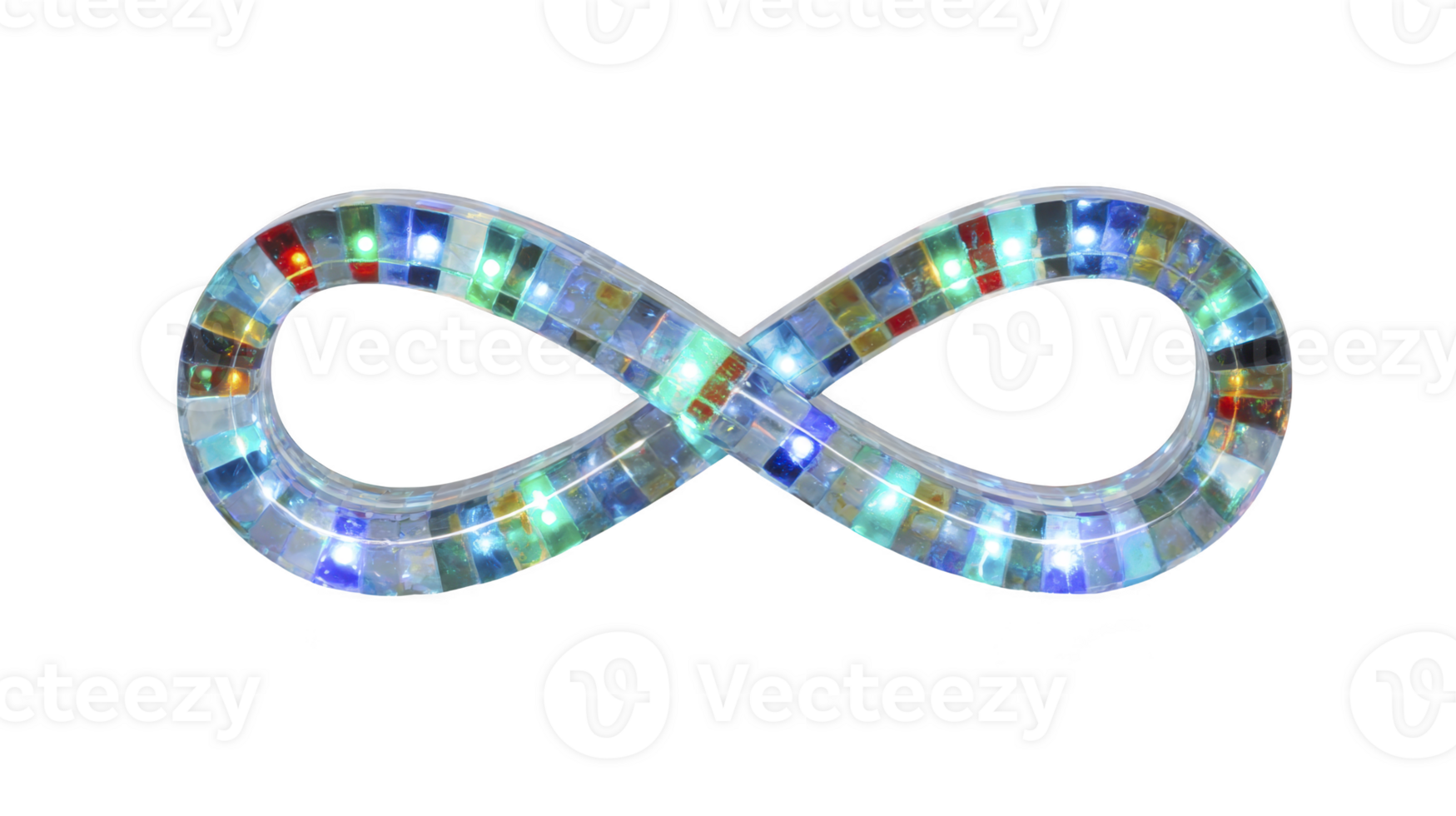 Colorful LED infinity symbol with glowing lights in various colors, creating vibrant and dynamic visual effect. symbol is made of transparent material, allowing lights to shine through brightly png