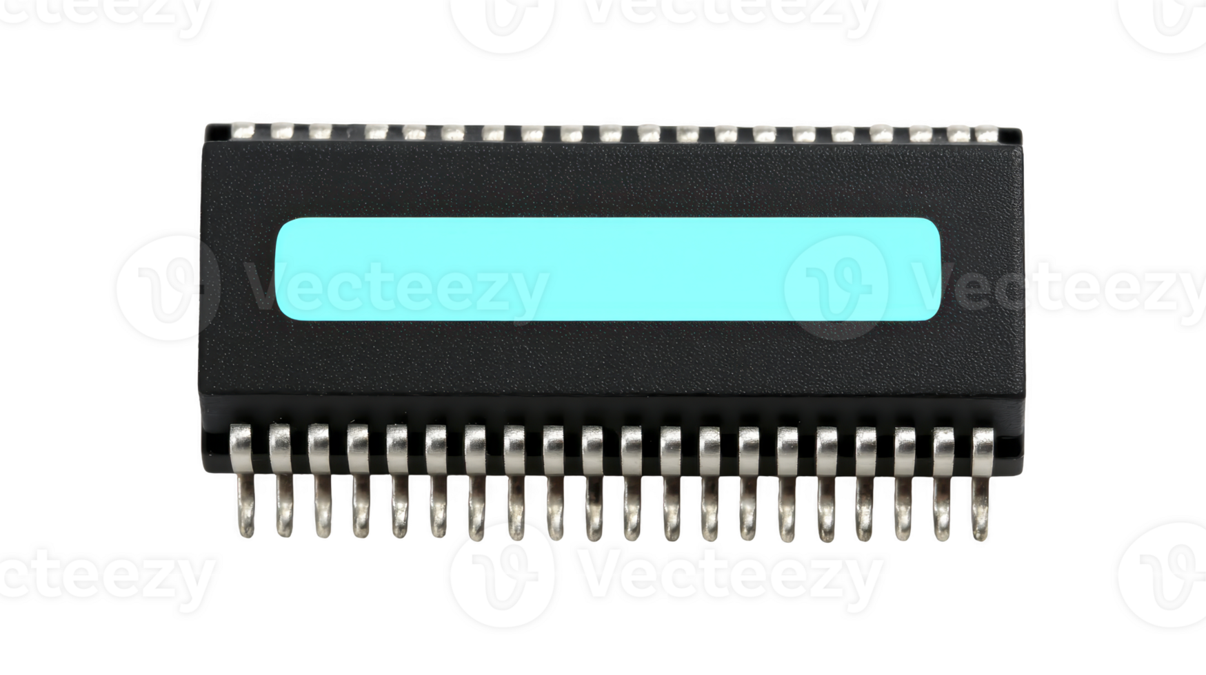 Black integrated circuit chip with multiple metal pins is shown, featuring blue label on its surface. This electronic component is essential for various technological applications png