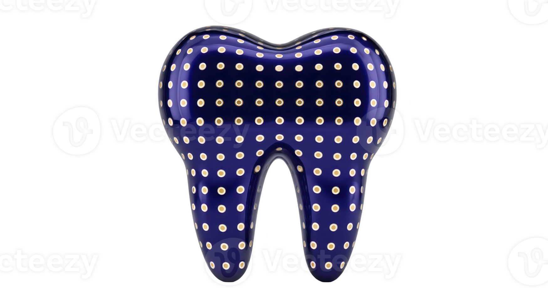 Blue tooth shaped object with polka dot pattern creates playful and whimsical design. glossy finish adds modern touch, making it eye catching decorative piece png