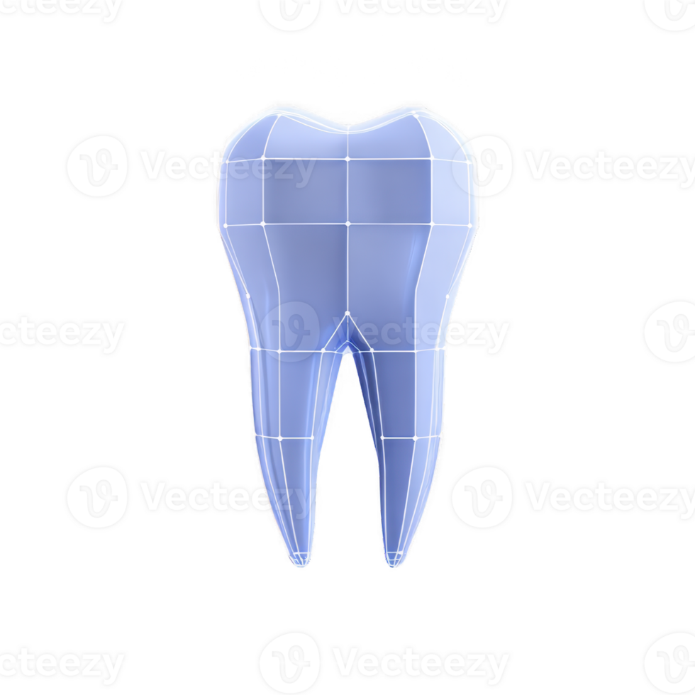 3D rendered blue tooth model with grid overlay, showcasing dental anatomy and structure. image highlights tooth shape and form, useful for educational or dental purposes png