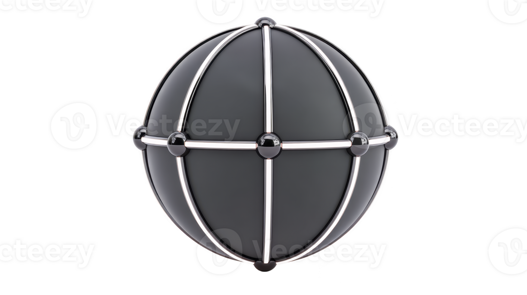3D black sphere with intersecting silver lines creates futuristic and sleek design, evoking sense of modern technology and innovation. metallic elements add touch of elegance png