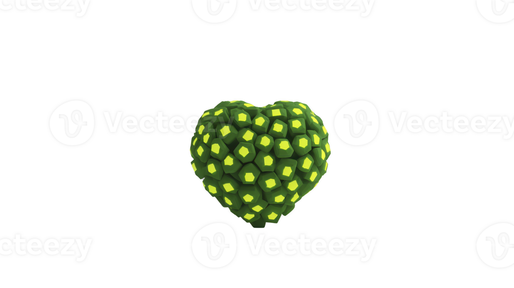 Heart shaped object with geometric pattern of green hexagons and glowing yellow centers creates futuristic and vibrant appearance. design is both intricate and eye catching png