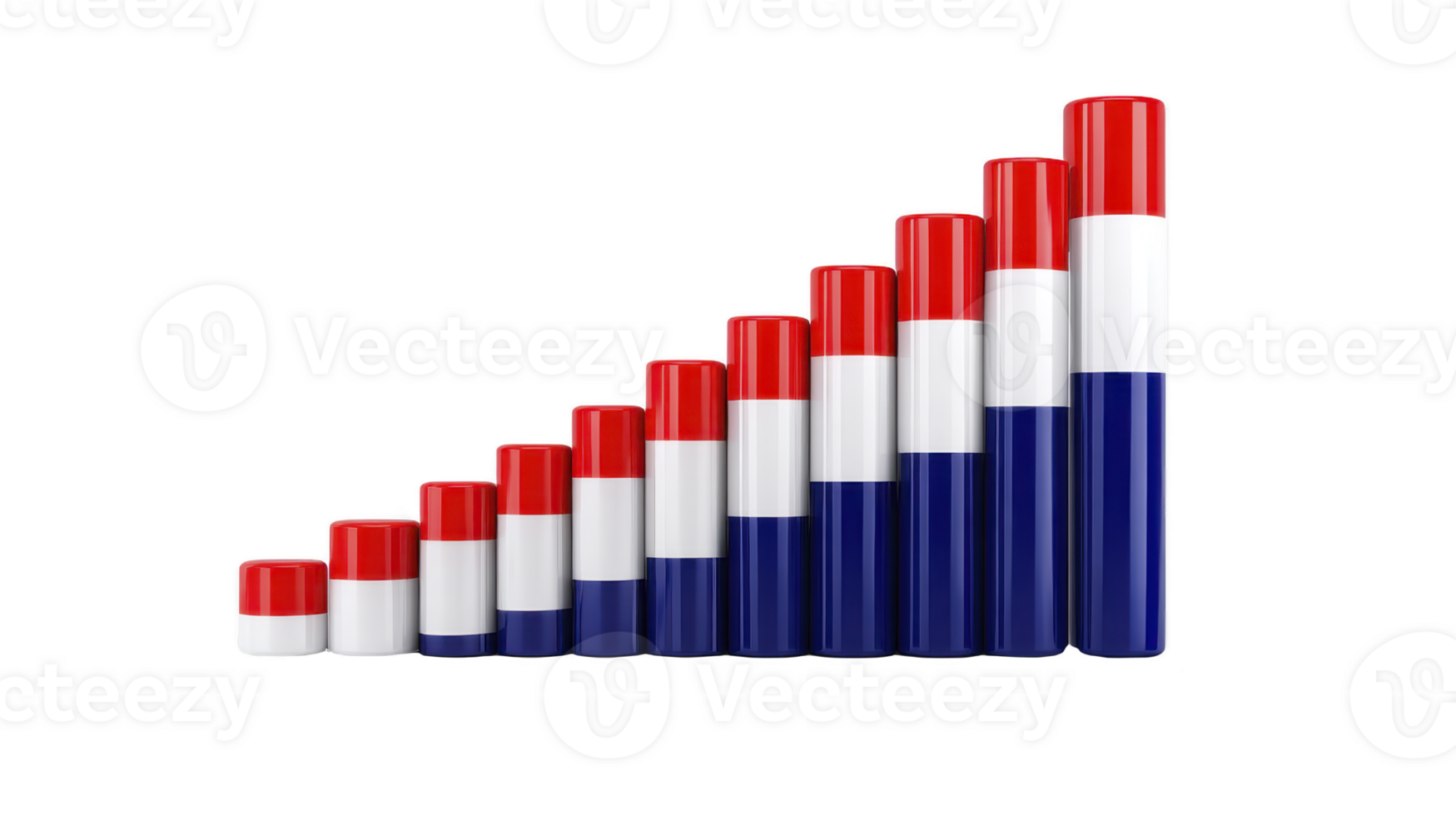 Series of cylindrical objects arranged ascending order, each featuring red, white, and blue color scheme, resembling bar graph. objects are reflective and glossy, creating modern and sleek png