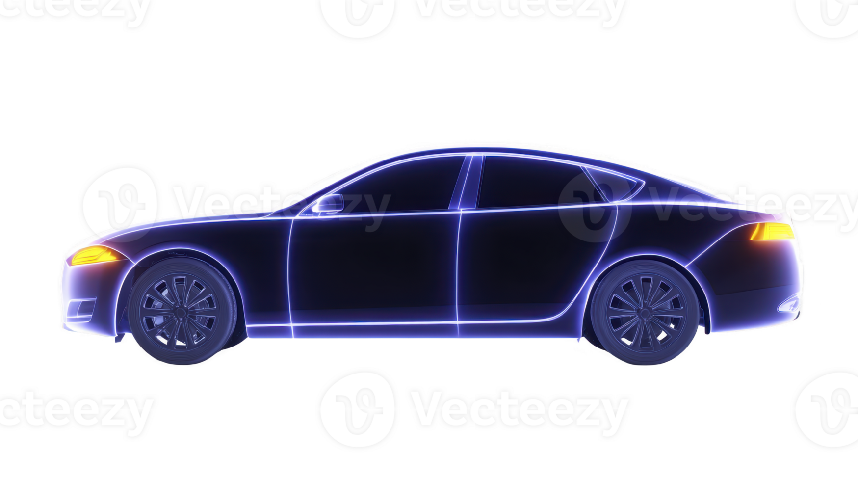 Sleek, futuristic car with glowing blue outlines and streamlined design, showcasing modern automotive technology and innovation. car silhouette is highlighted against transparency background png