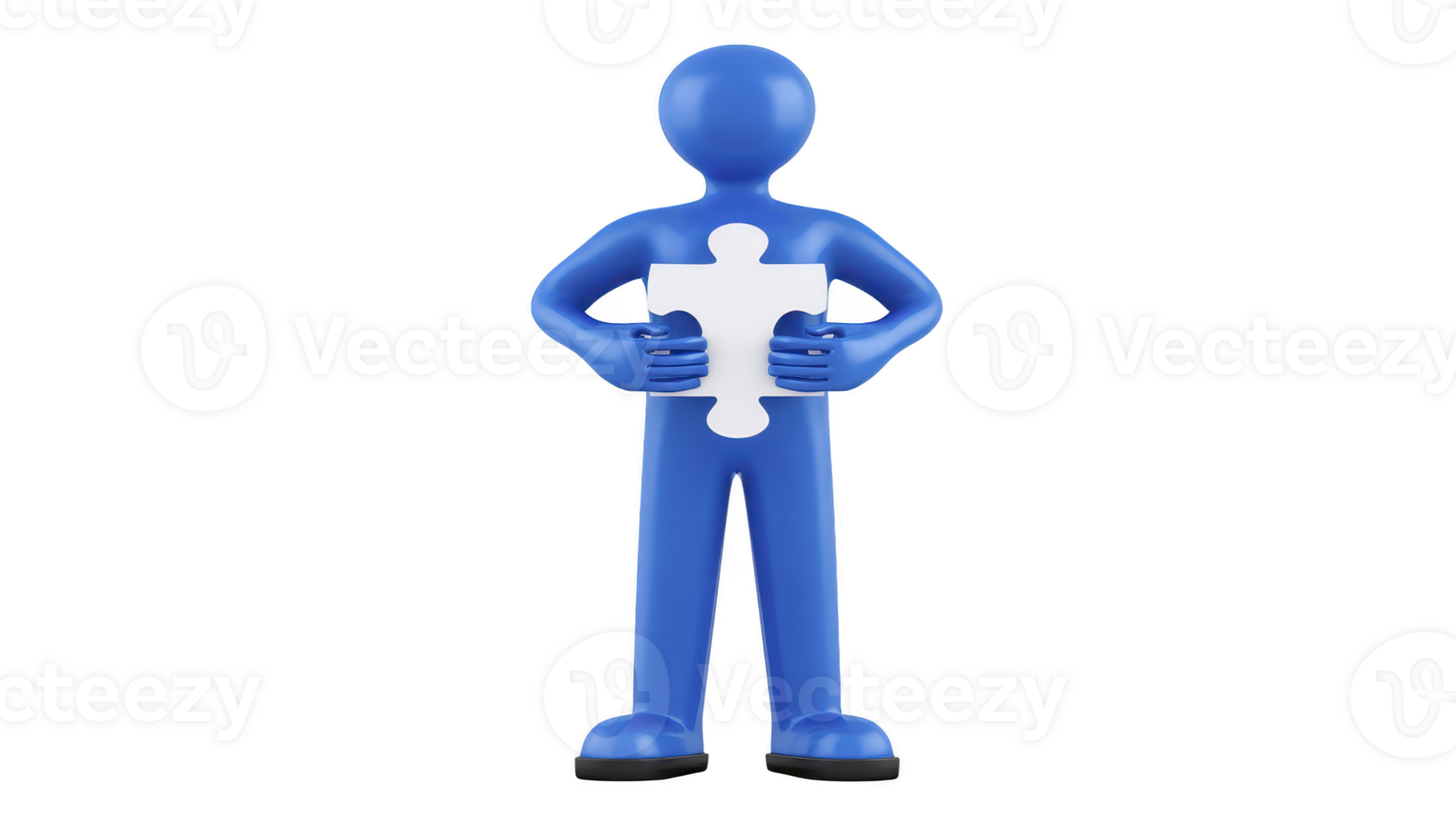 Blue 3D figure holds white puzzle piece, symbolizing problem solving and teamwork. figure simple design and vibrant color convey sense of creativity and collaboration png