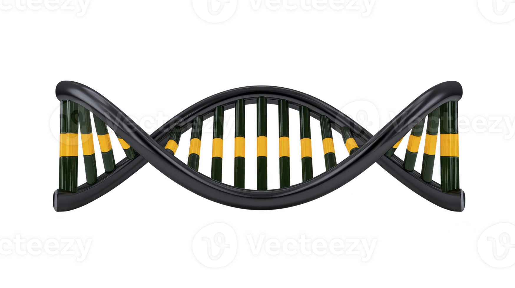 3D illustration of DNA double helix model with black and yellow strands, showcasing structure of genetic material. design is simple and educational, ideal for scientific presentations png