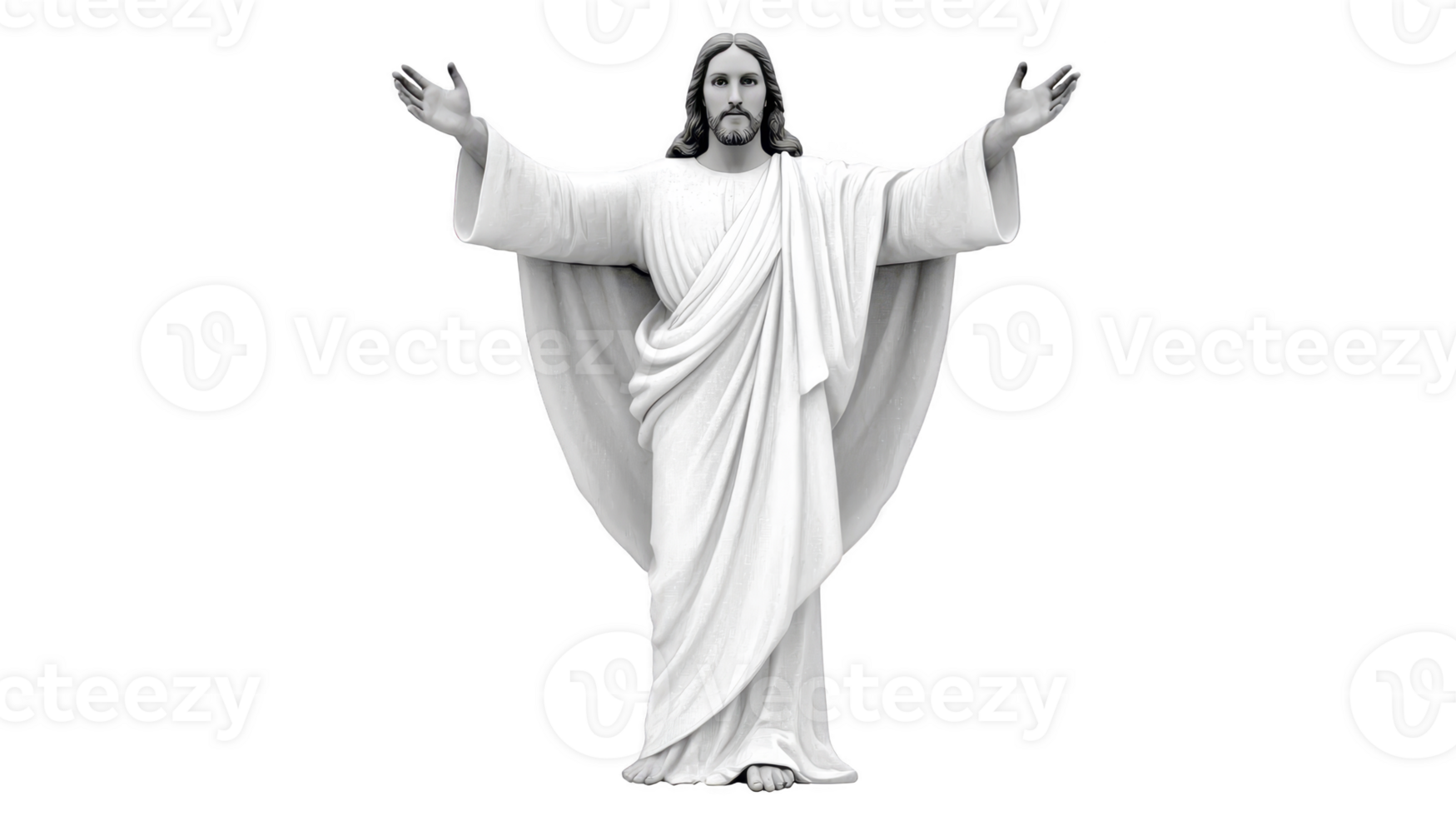 Statue of religious figure with outstretched arms, wearing flowing robe, symbolizes peace and spirituality. sculpture is detailed and evokes sense of reverence and calm png