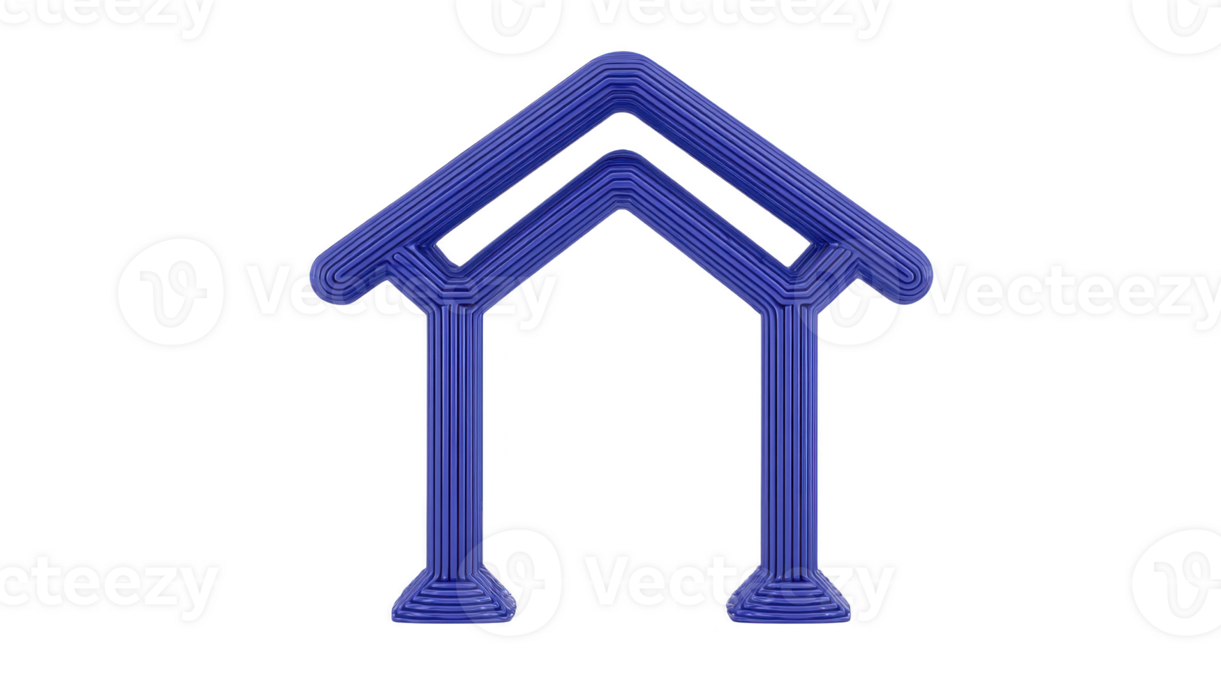 Blue, abstract geometric structure resembling house with triangular roof and two pillars, made of layered lines, stands against transparency background. design is modern and minimalist png