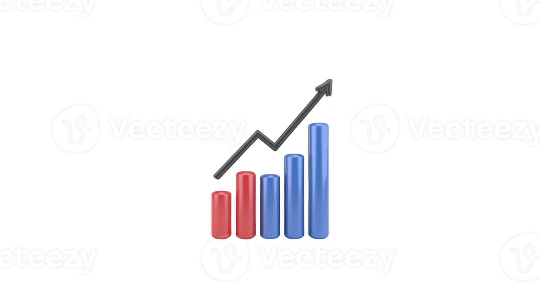 Bar chart with red and blue columns and upward arrow indicating growth or progress. chart features zigzag line connecting tops of columns, symbolizing data trends or financial success png