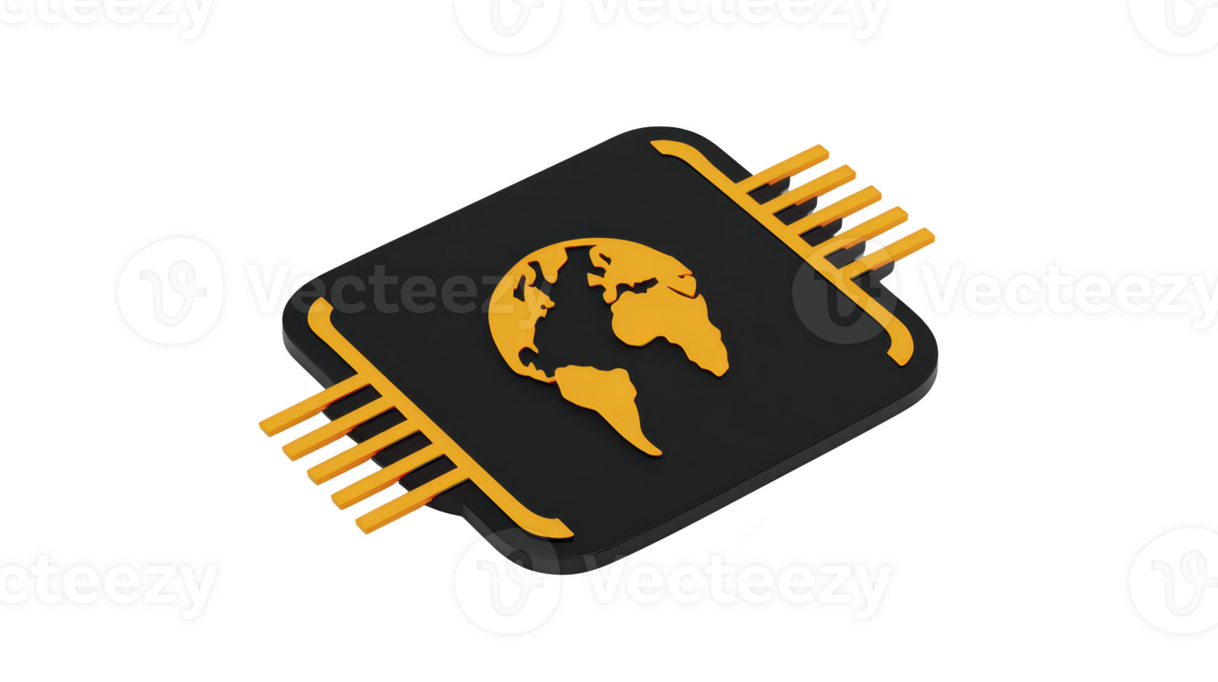 Stylized illustration of microchip with globe design in center, symbolizing global technology and connectivity. chip is black with orange accents, representing innovation and digital communication png