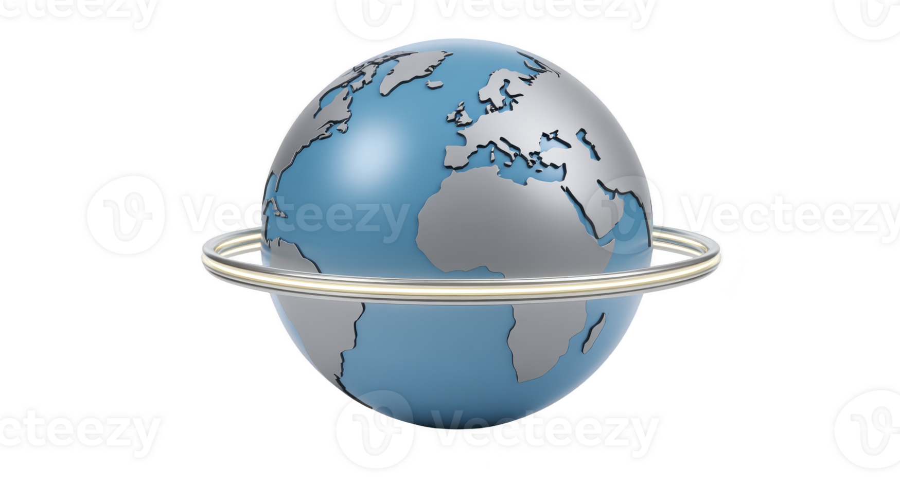 3D globe with metallic ring encircling it, representing global connectivity and unity. continents are depicted in gray against blue ocean background, creating modern and sleek design png