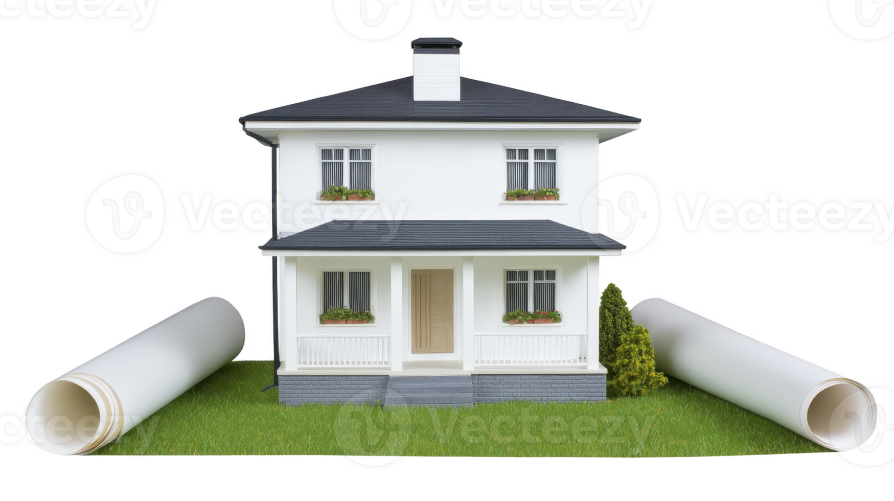 Small white house with black roof is surrounded by green grass and two large architectural blueprints. scene suggests planning and construction, evoking sense of home design and development png