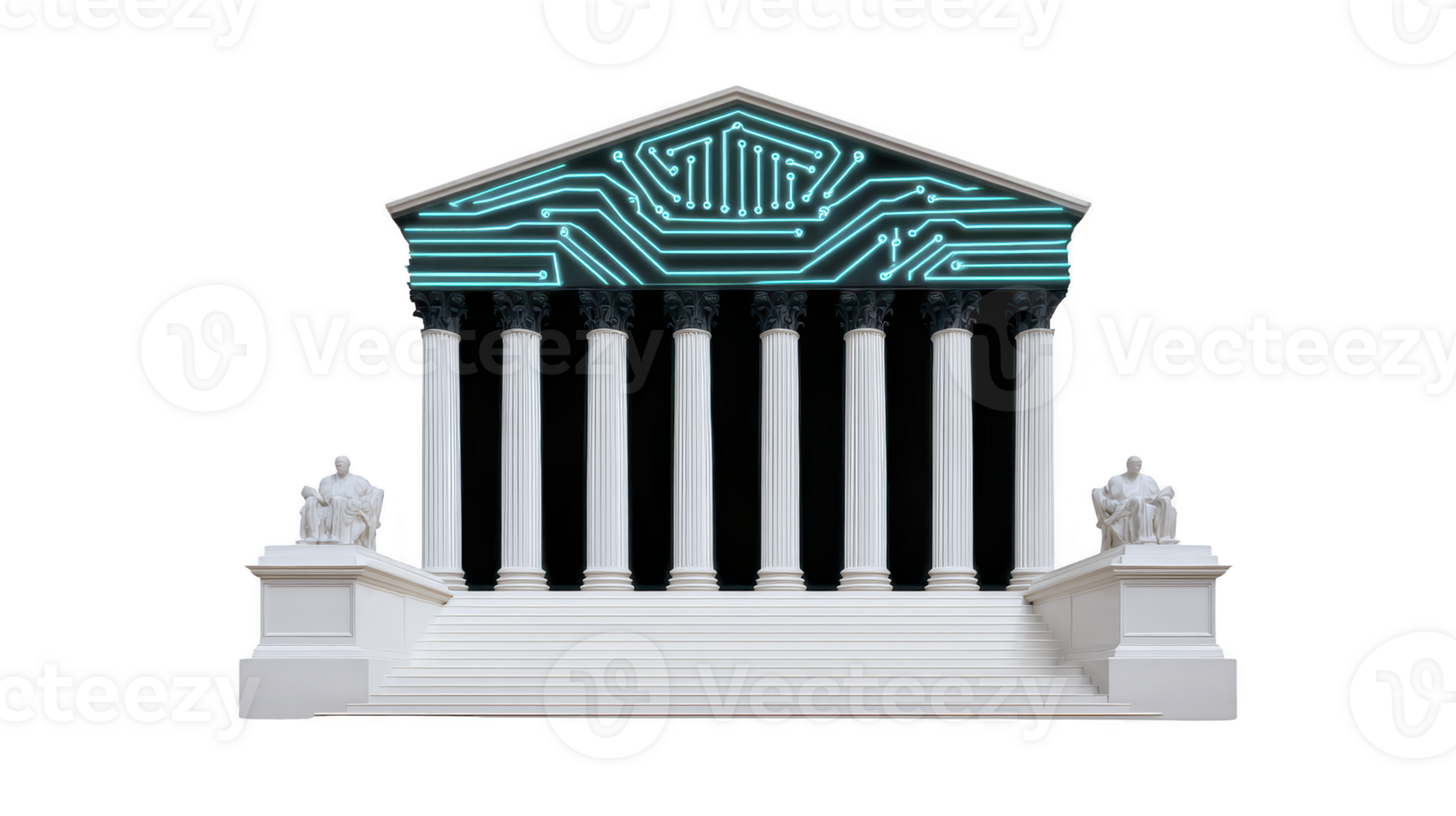 Digital circuit design is integrated into facade of classical Greek temple, symbolizing fusion of technology and tradition. temple features columns and statues, creating futuristic yet historical png
