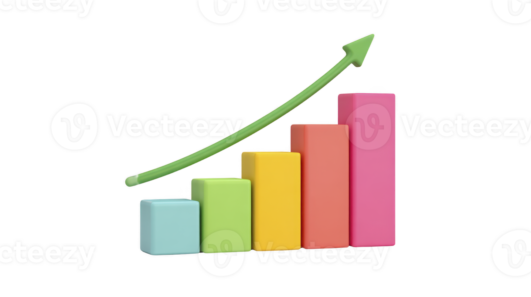 Colorful 3D bar graph with upward green arrow symbolizes growth and success. bars are in pastel shades of blue, green, yellow, orange, and pink, representing positive progress png