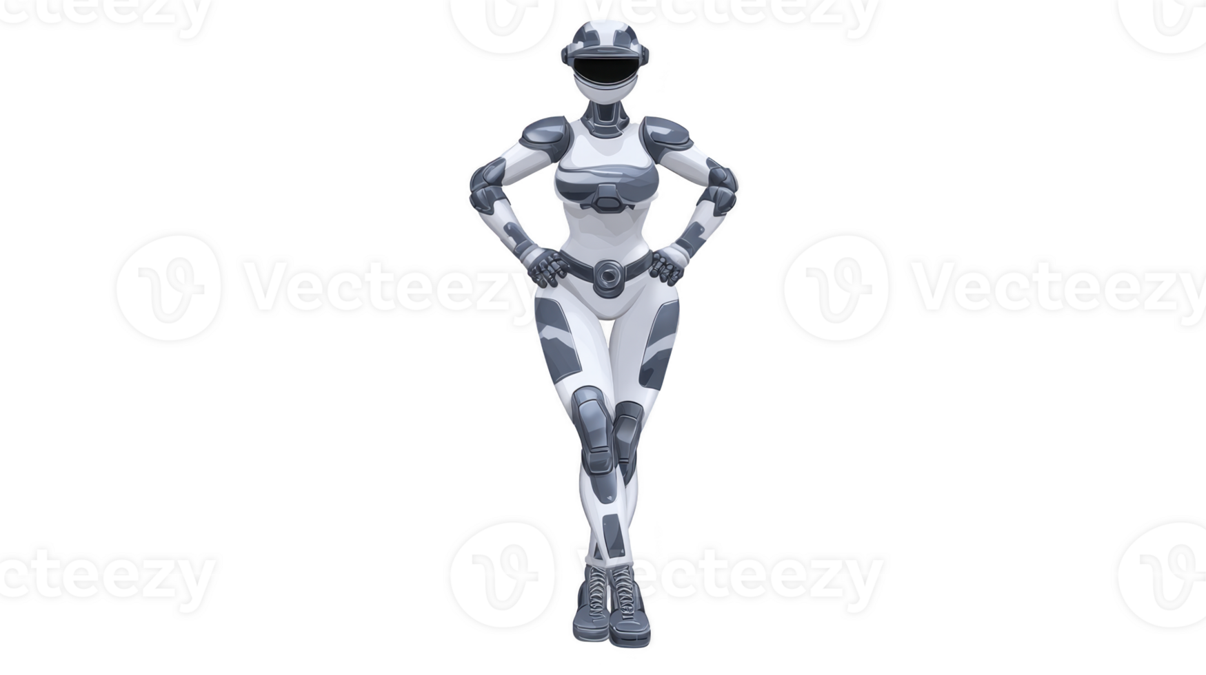 Futuristic humanoid robot stands confidently with hands hips, showcasing advanced technology and sleek design. robot features white and gray color scheme, emphasizing its modern and innovative png