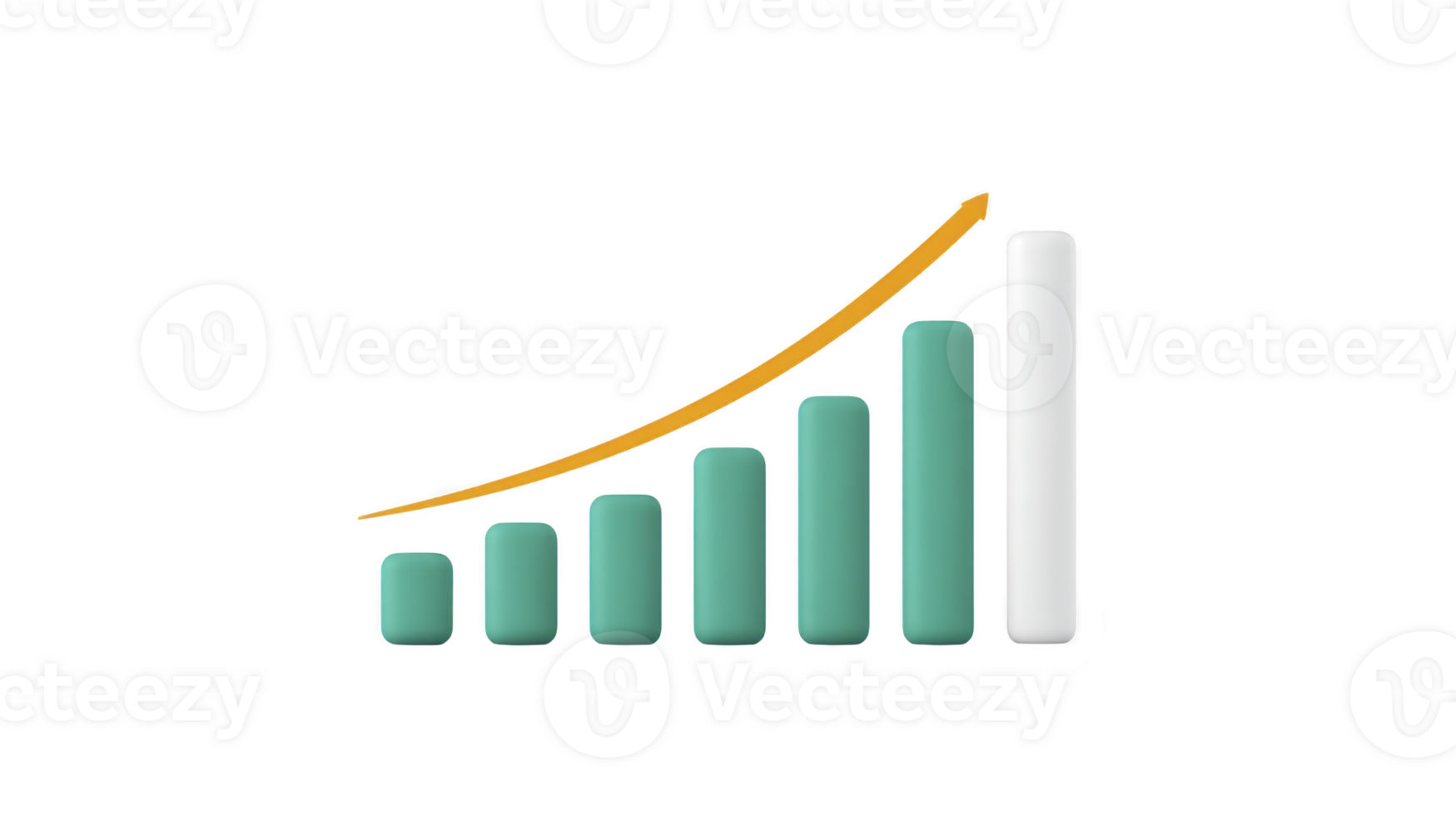 3D bar graph with five ascending green bars and orange upward arrow represents growth and progress. design is simple and modern, ideal for business or financial presentations png