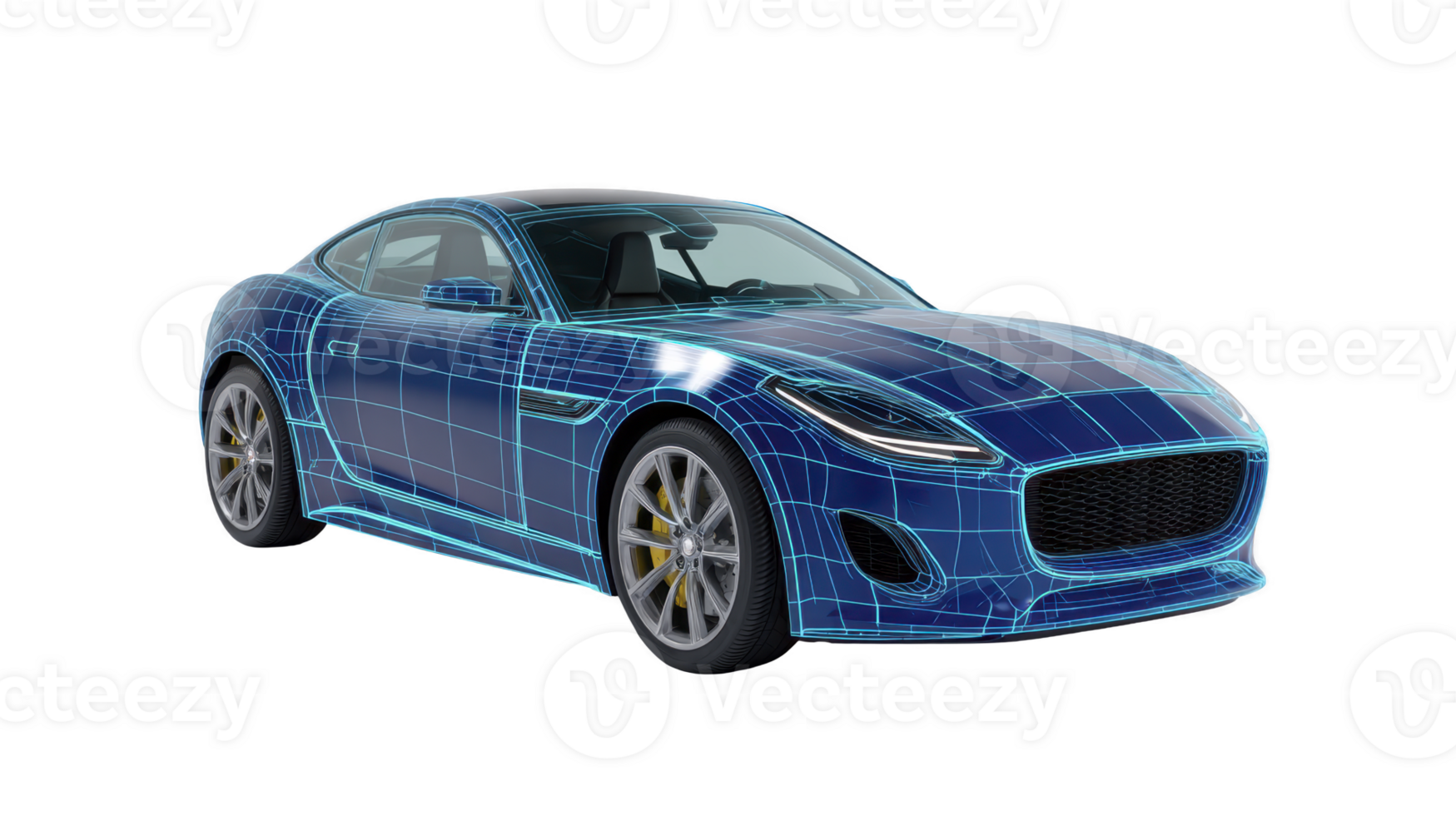 Sleek blue sports car with digital wireframe overlay, showcasing modern automotive design and technology. image highlights car aerodynamic shape and futuristic features png