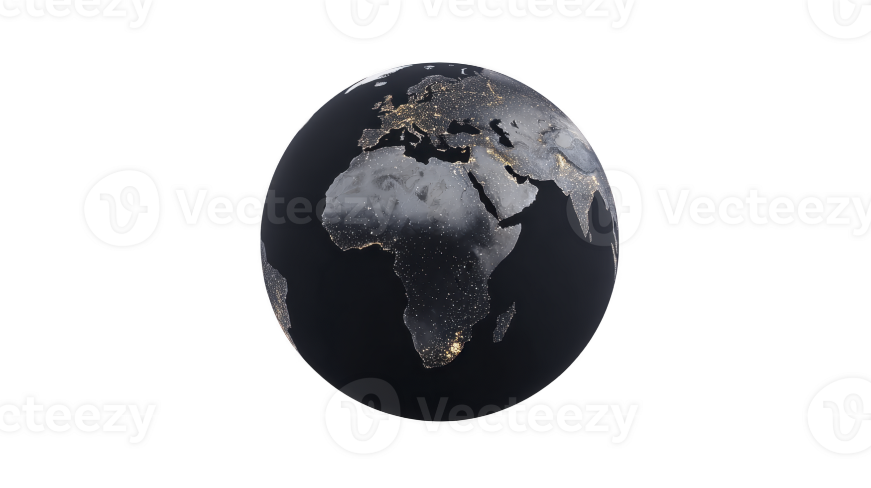 Digital rendering of Earth night shows illuminated cities and continents, highlighting human activity and urban areas. image captures contrast between dark oceans and bright landmasses png