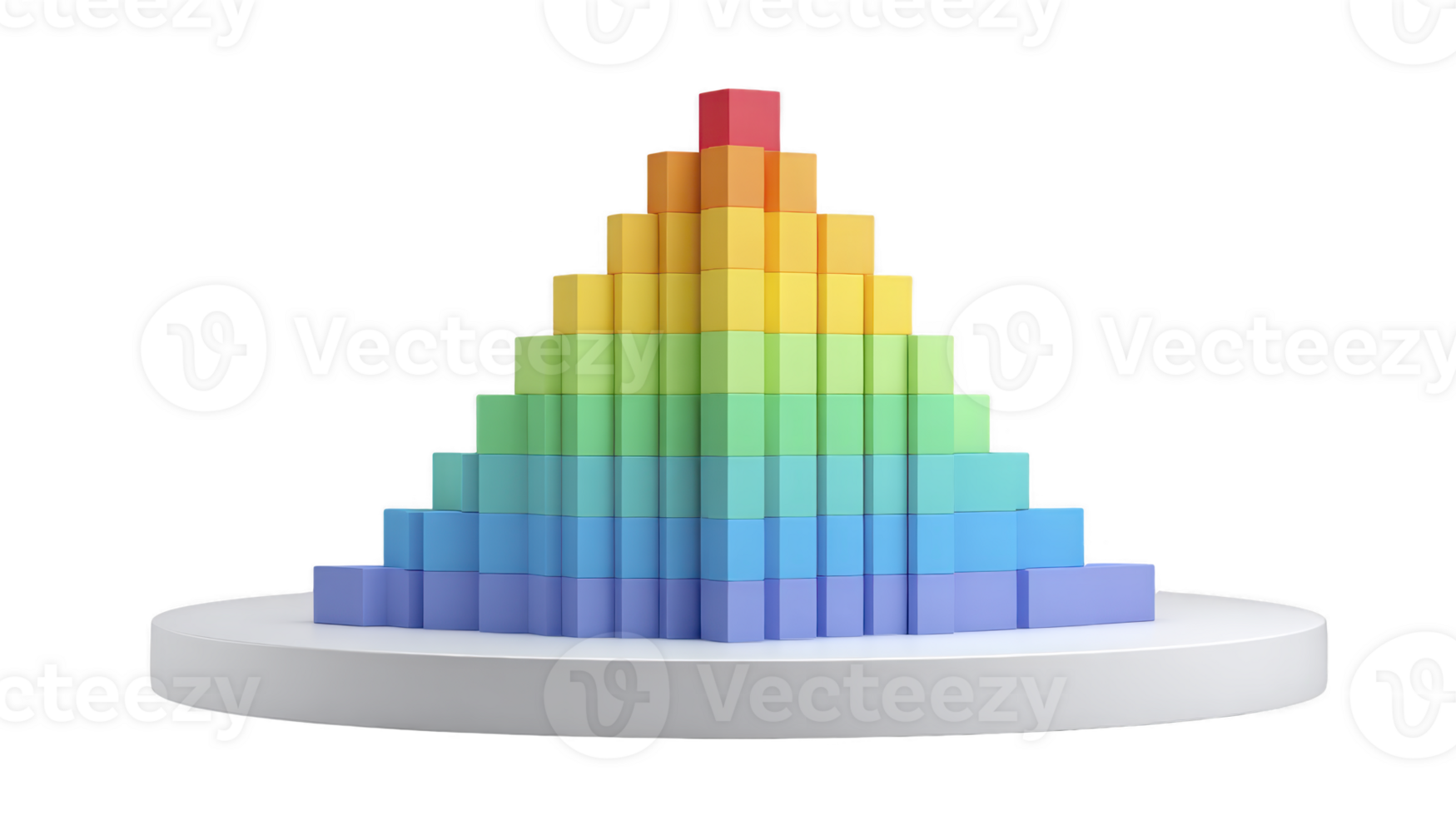 Colorful 3D pyramid chart with stacked layers in red, orange, yellow, green, and blue hues, displayed on white circular platform. vibrant design conveys data visualization png