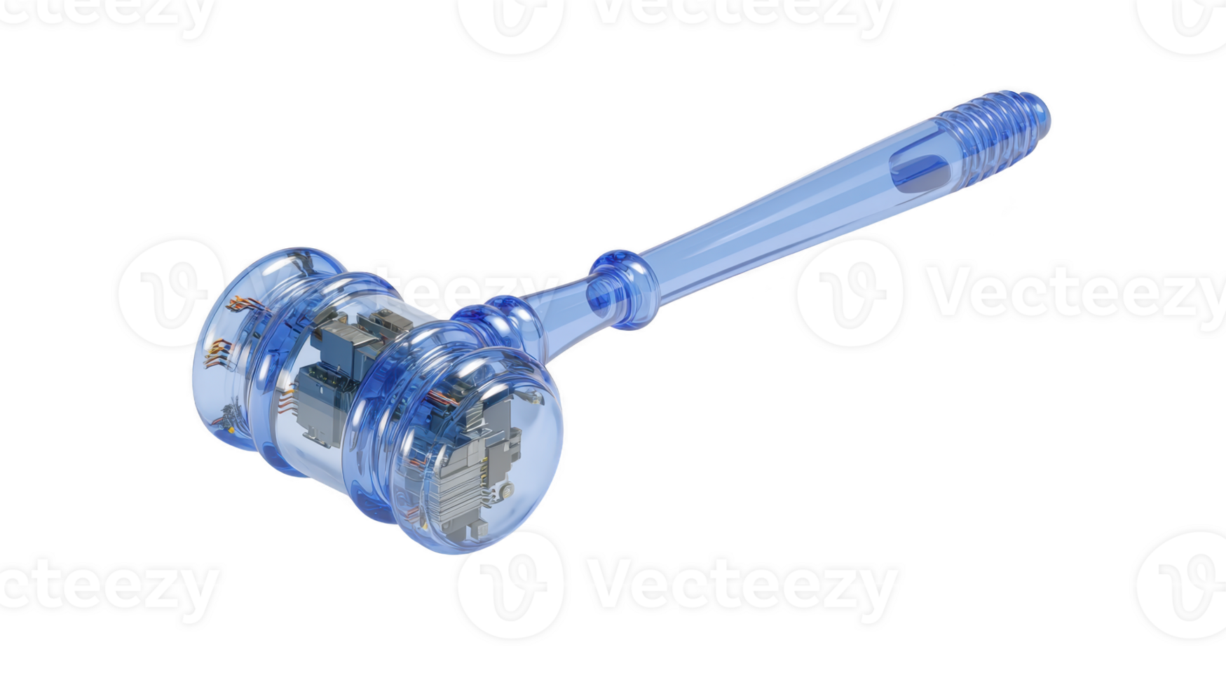 Transparent blue gavel with embedded electronic circuits symbolizes intersection of technology and law, representing digital justice and innovation in legal systems png