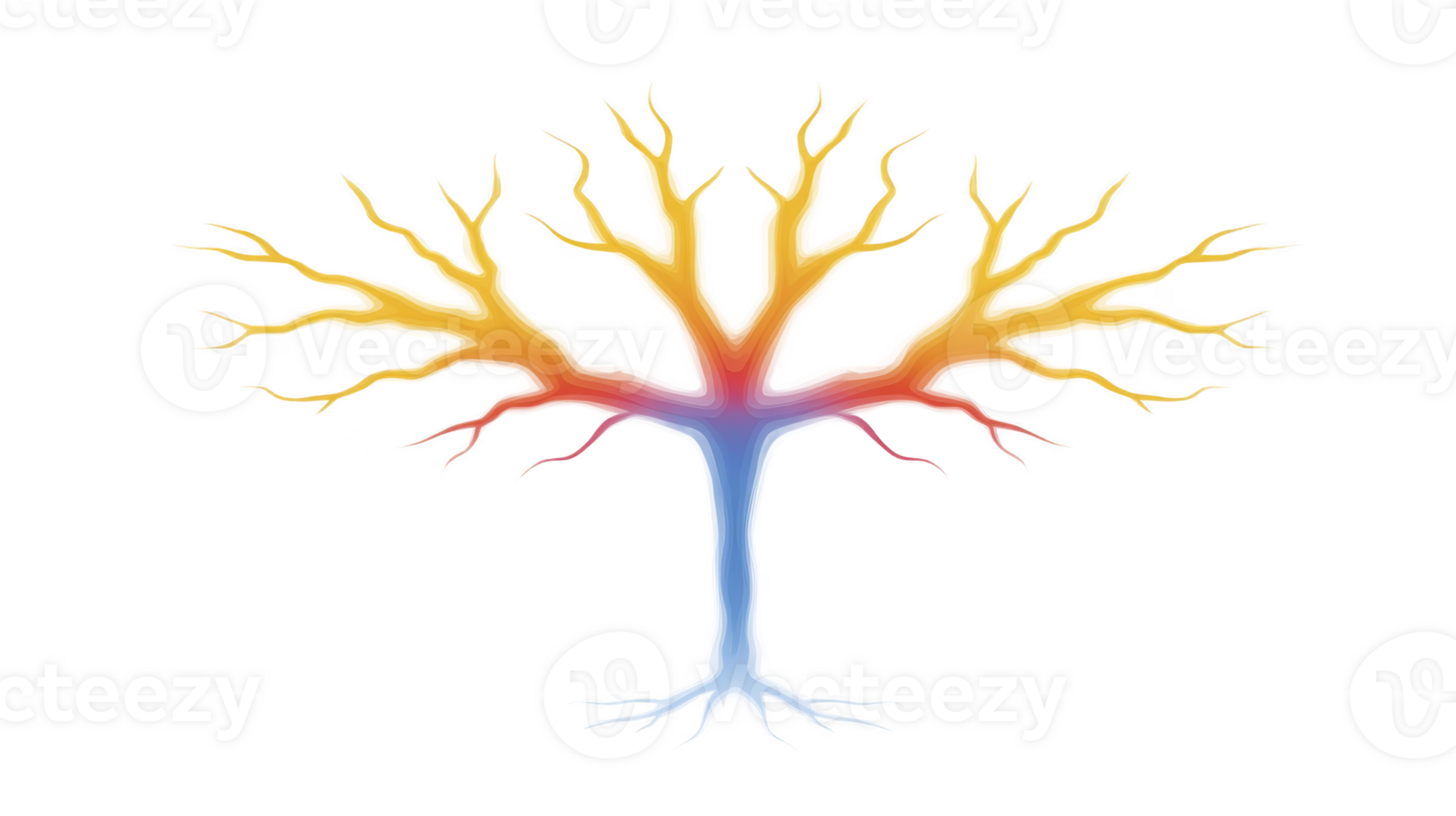 Vibrant, abstract tree with colorful branches radiating from central trunk, resembling neural pathways or lightning. gradient transitions from blue base to warm yellows and reds tips png