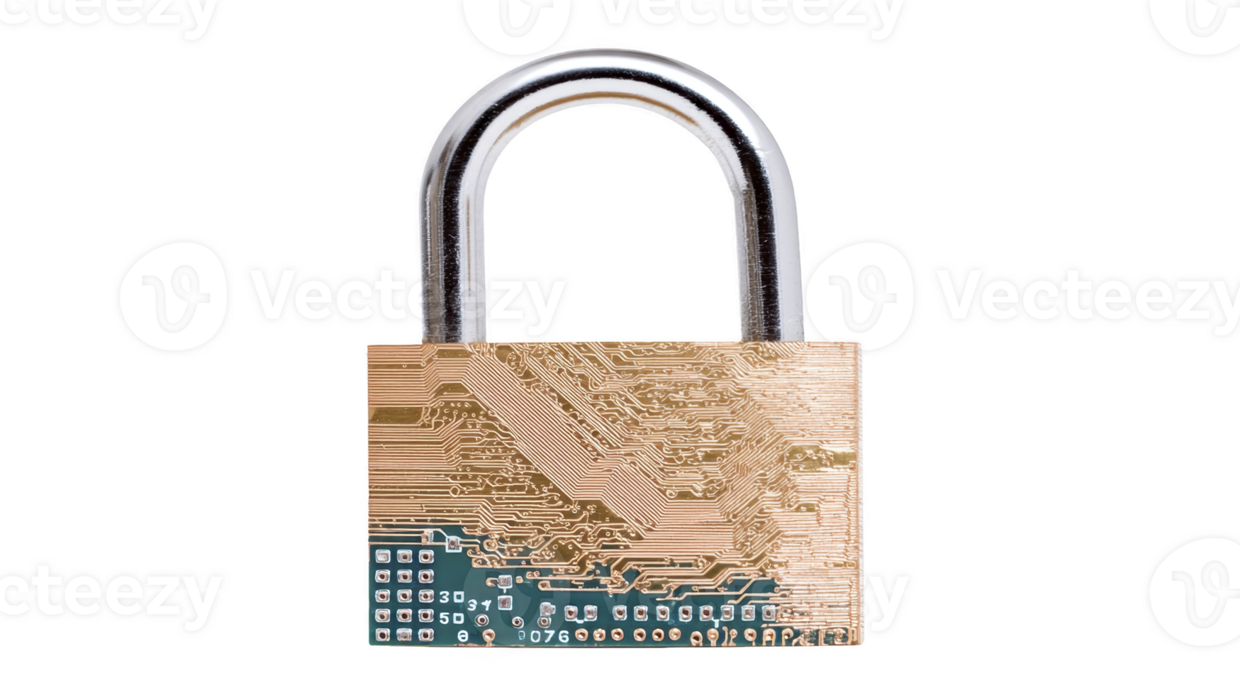 Padlock with circuit board design symbolizes cybersecurity and digital protection. lock metallic finish and intricate circuitry pattern convey sense of modern technology and security png
