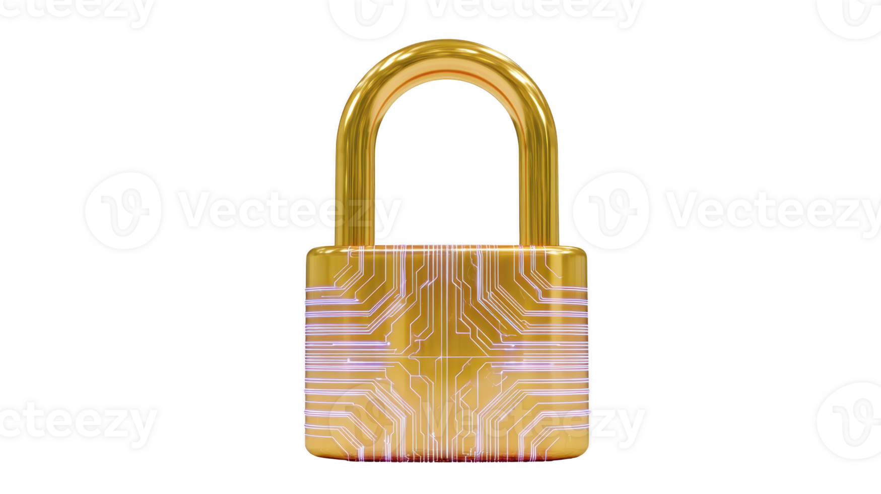 Golden padlock with digital circuit pattern symbolizes cybersecurity and data protection. shiny metallic finish and intricate design convey sense of security and modern technology png