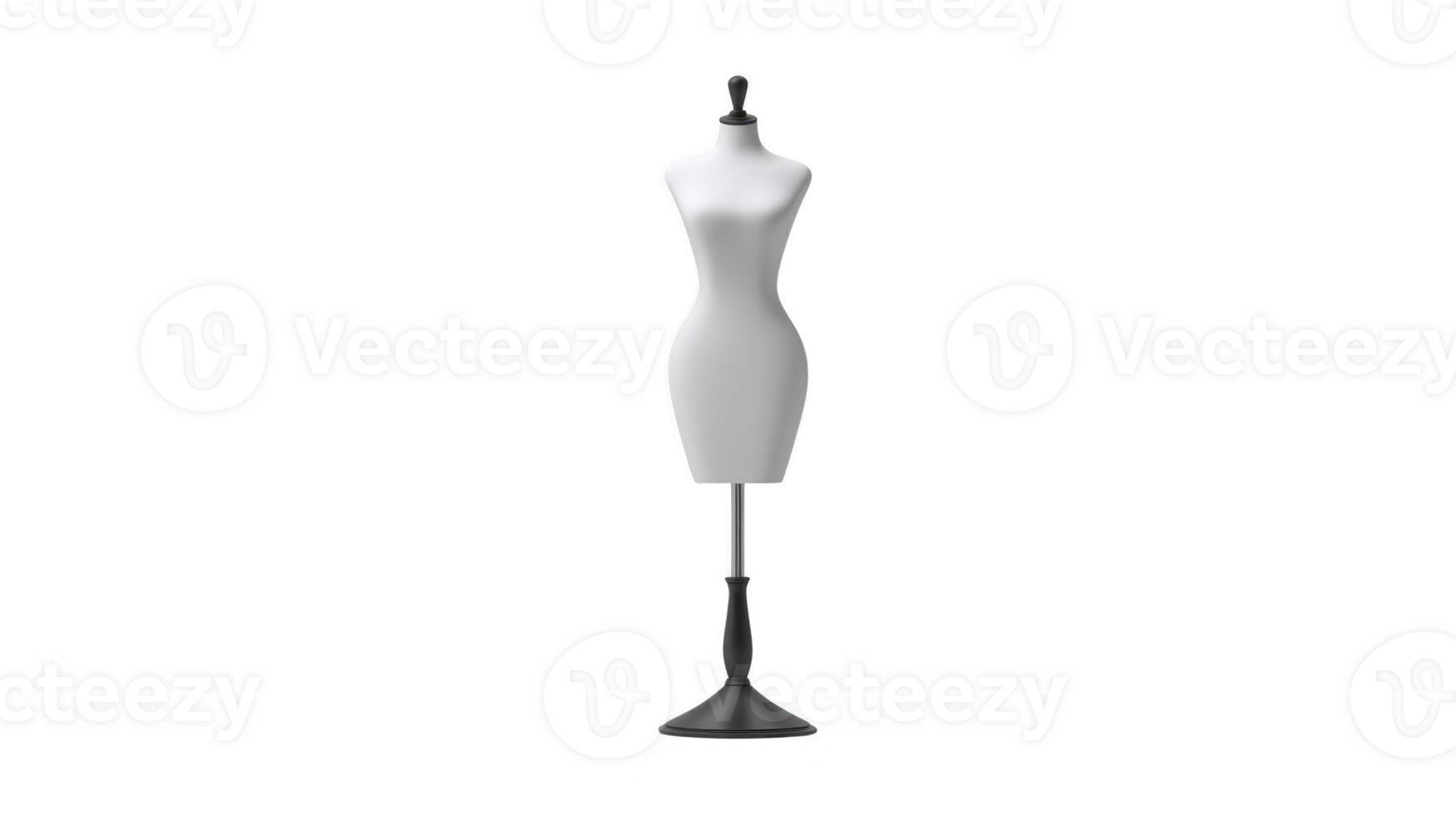 White dress form mannequin stands on black adjustable stand, used for fashion design and tailoring. sleek, minimalist design is ideal for showcasing garments in studio or boutique setting png