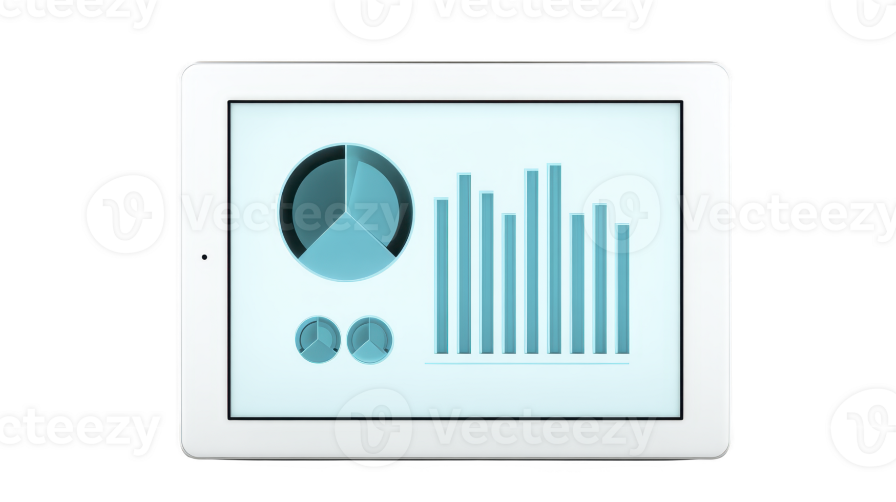 Digital tablet displaying data visualization with bar and pie charts, showcasing analytical information in modern, sleek design. interface is user friendly and efficient png