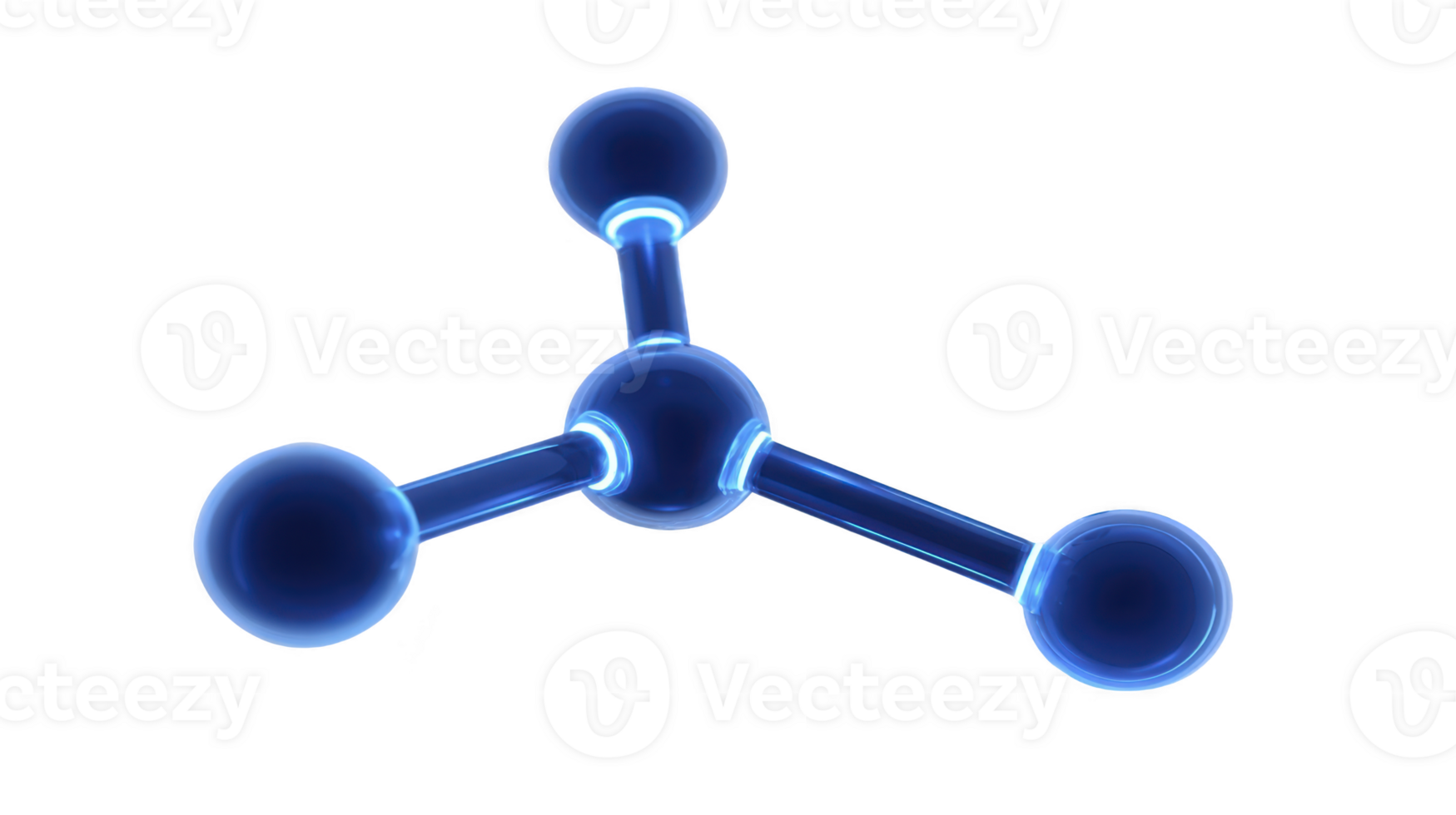 3D model of simple molecule with three connected spheres representing atoms, glowing with blue hue, illustrating basic chemical structure png