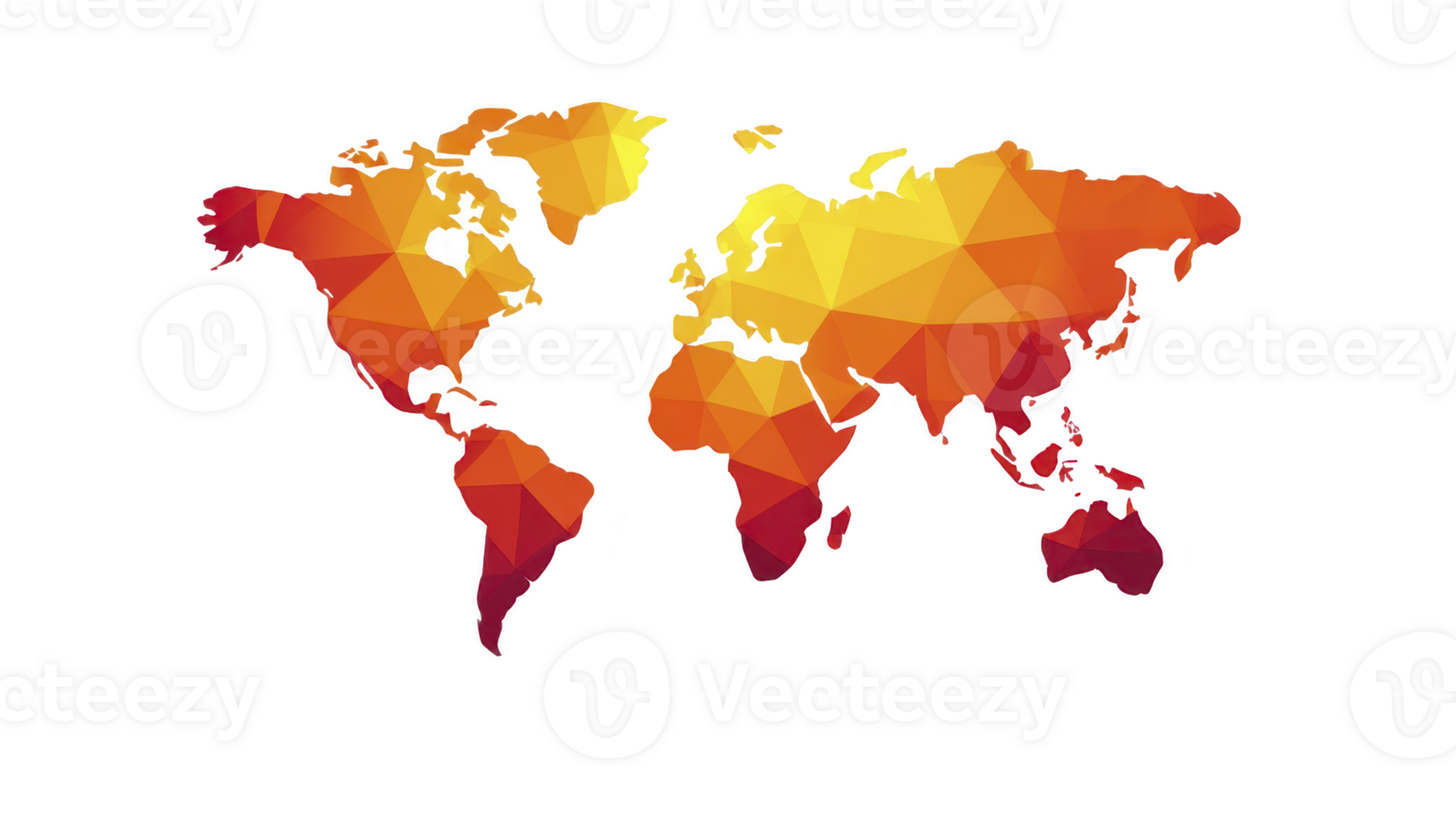 Colorful polygonal world map with vibrant orange and yellow hues creates modern and artistic representation of global geography. abstract design adds contemporary touch png