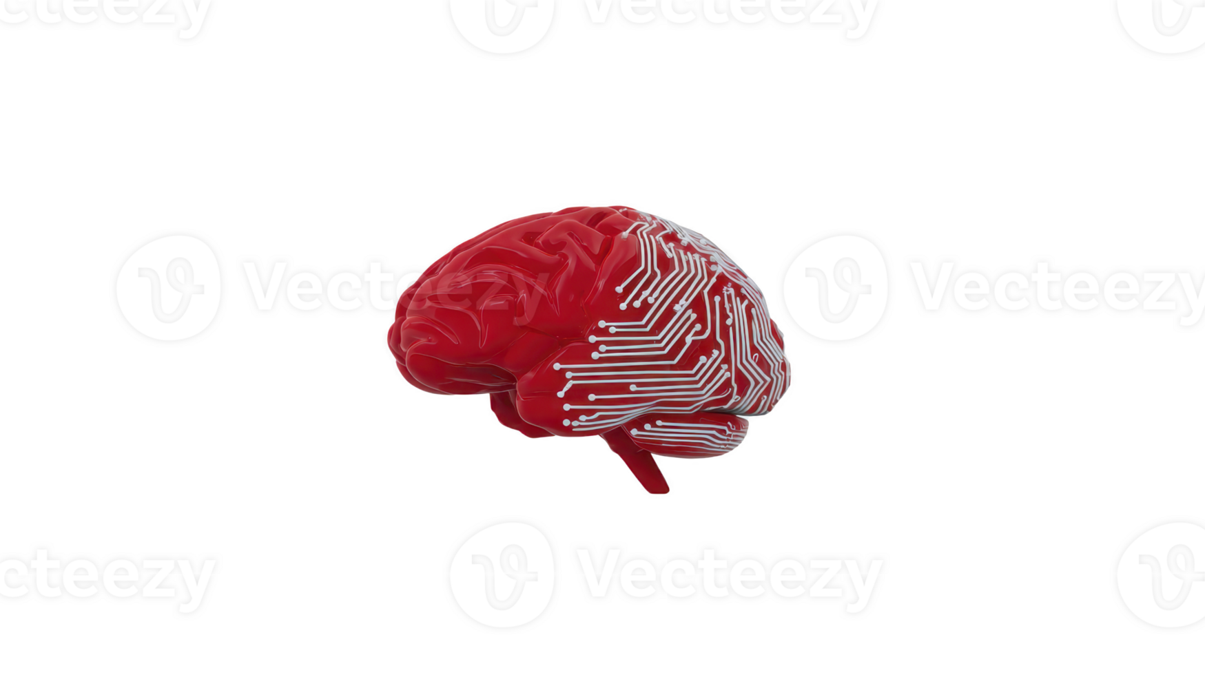 Red brain with circuit patterns symbolizes fusion of technology and human intelligence, representing concepts like artificial intelligence and neural networks png
