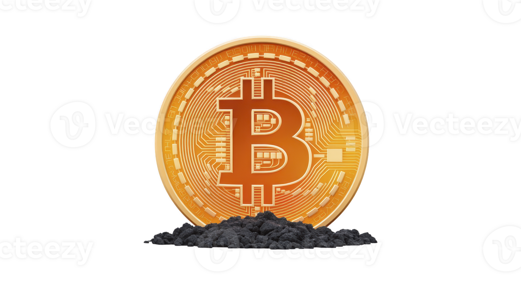Golden Bitcoin symbol stands prominently against backdrop of dark coal, symbolizing contrast between digital currency and traditional energy sources png