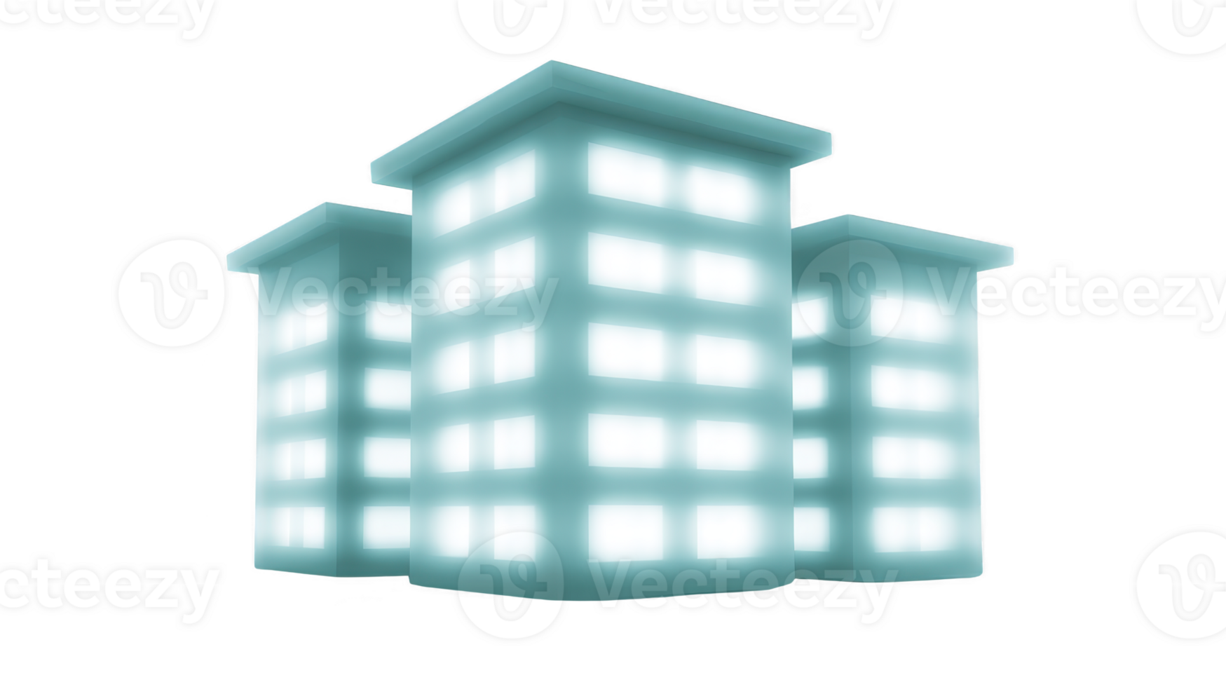 Glowing illustration of three modern skyscrapers with illuminated windows, set against transparent background. buildings have futuristic design, emitting soft blue light, creating serene png