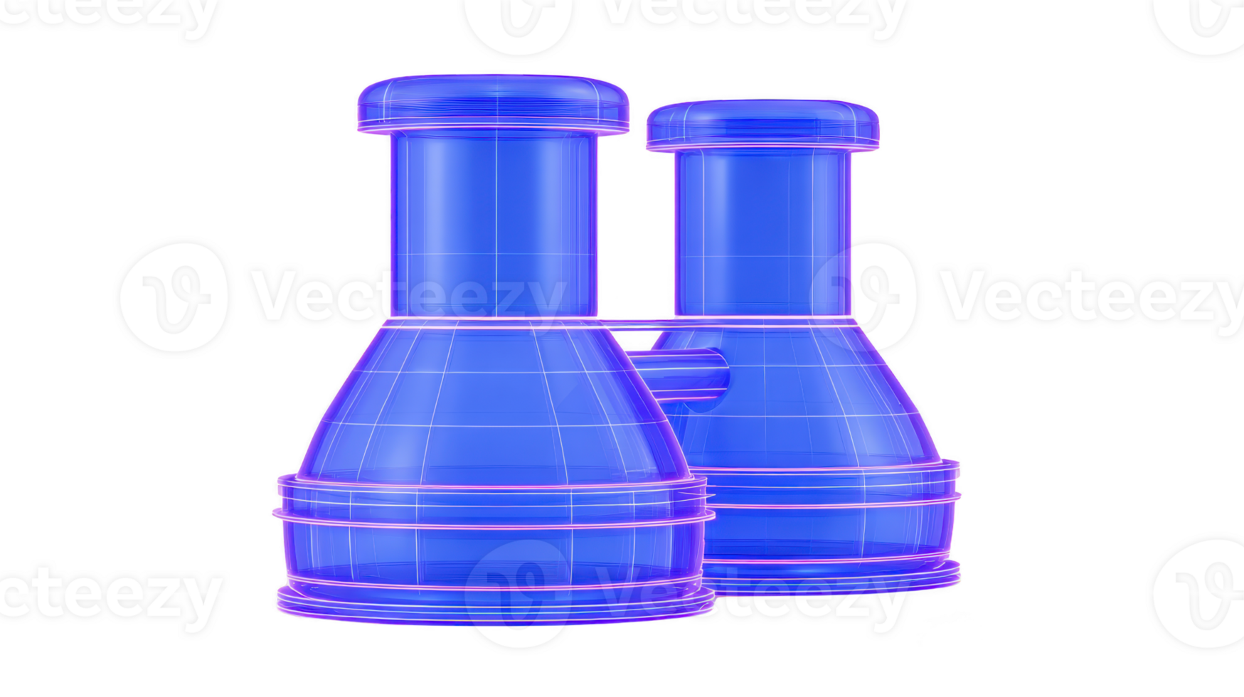 Two futuristic blue chess pieces with glowing neon outline stand side by side, showcasing modern digital design. pieces have sleek, geometric structure, adding sci fi aesthetic png