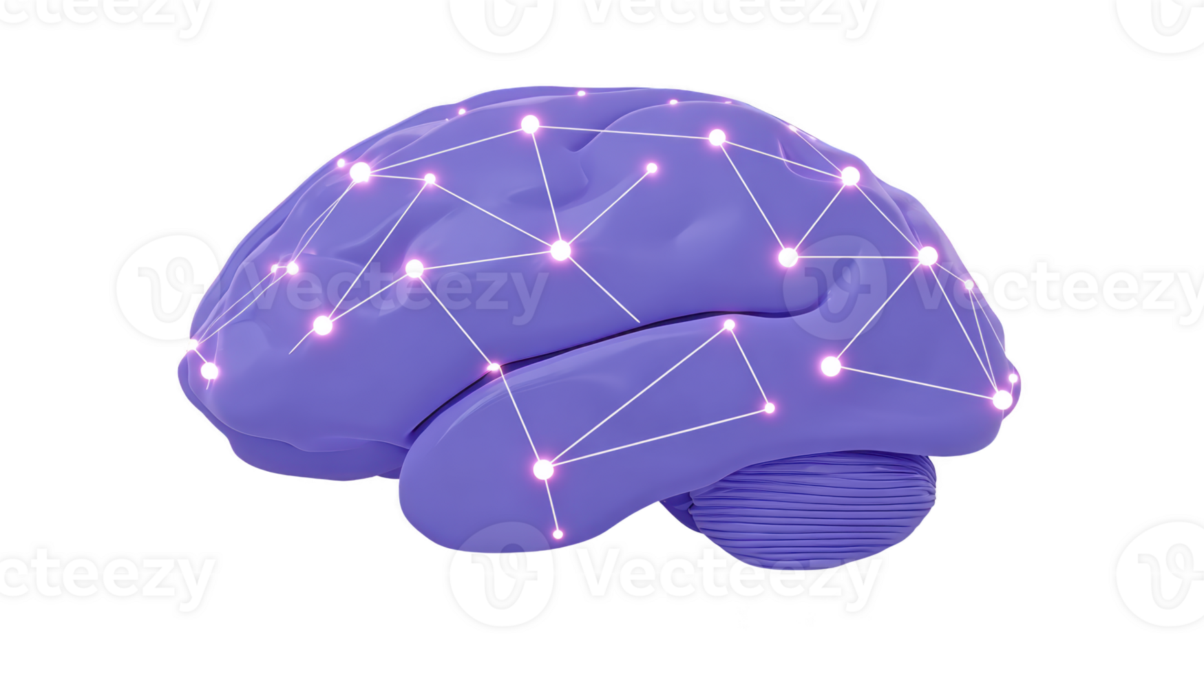 Digital illustration of purple brain with glowing neural connections symbolizes artificial intelligence and neural networks. futuristic design highlights technology and innovation png