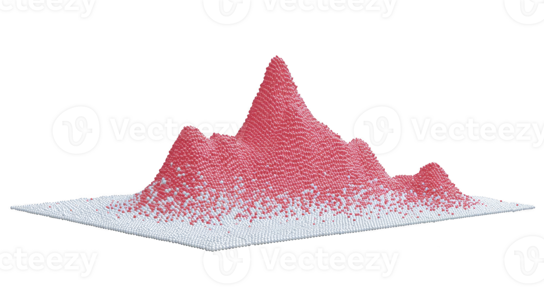 3D scatter plot with red data points forms mountainous shape on white grid, illustrating data distribution and analysis. peaks and valleys suggest varying data densities png